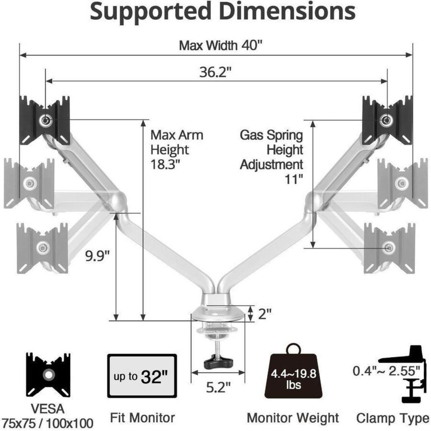 SIIG MTPRO Desk Mount Dual Gas Spring Monitor Arm - up to 32in Display - Max. Load 19.8 lbs - VESA 75 & 100mm - Desk Mount Dual Gas Spring Monitor Arm - Up to 32in monitor - Max Load up to 19.8 lbs(Each) - Image 4