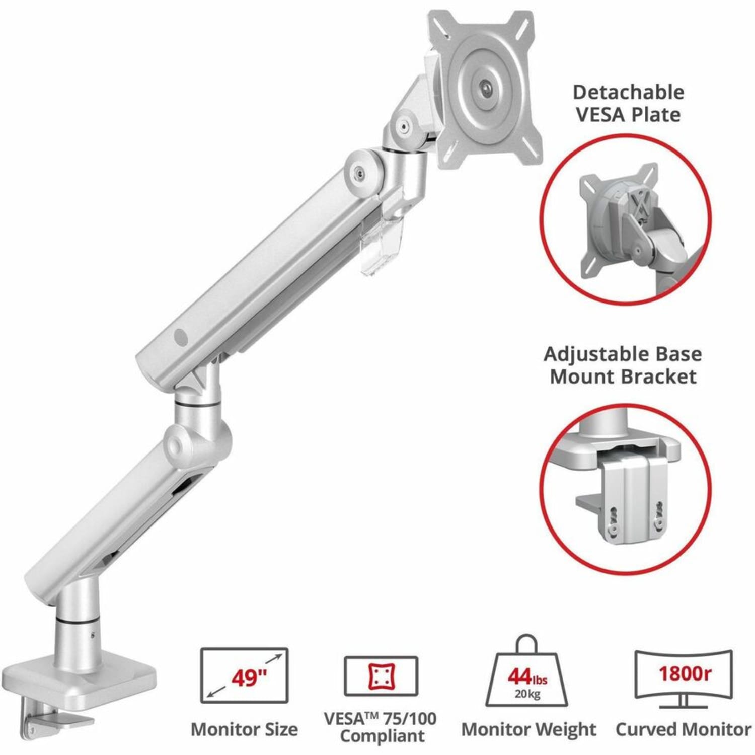 SIIG MTPRO Heavy Duty Desk Mount Single Monitor Arm - Up to 49in- Max load up to 44 lbs - VESA 75 & 100mm - Heavy Duty Single Monitor Arm Desk Mount for 22in- 49in Monitor - Top Mount C-Clamp - Load the weight between 4.4 to 44 lbs - Image 4
