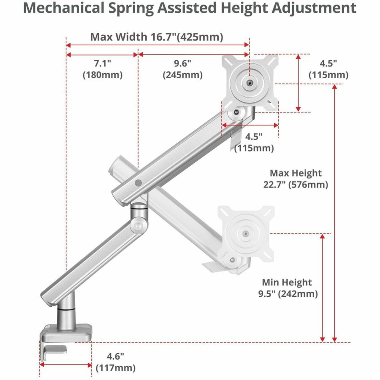 SIIG MTPRO Heavy Duty Desk Mount Single Monitor Arm - Up to 49in- Max load up to 44 lbs - VESA 75 & 100mm - Heavy Duty Single Monitor Arm Desk Mount for 22in- 49in Monitor - Top Mount C-Clamp - Load the weight between 4.4 to 44 lbs - Image 5