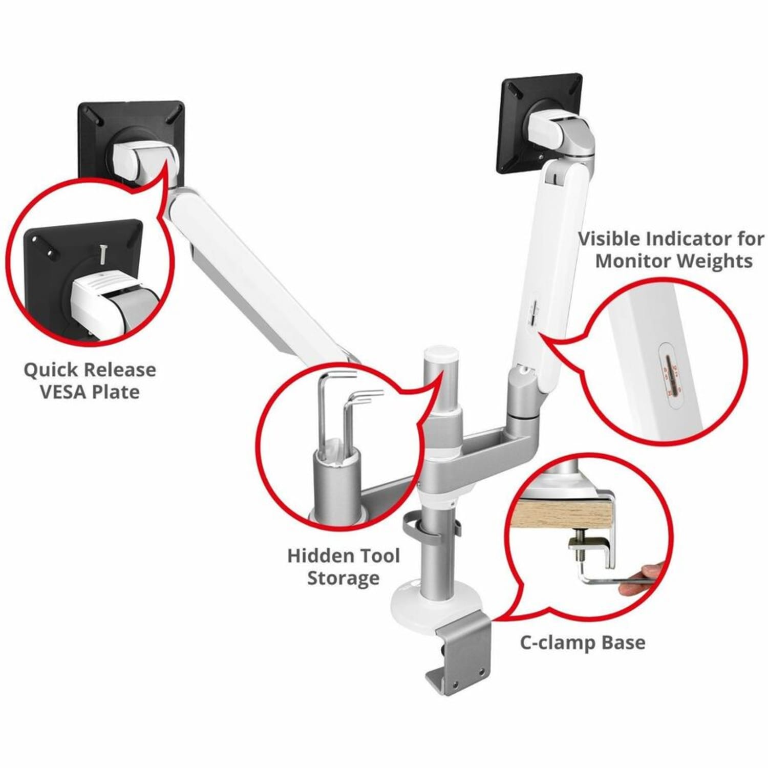 SIIG MTPRO Desk Mount Dual Monitor Arm - up to 32in Display, Max. Load 19.8 lbs, VESA 75/100mm, Mechanical Spring Design - Dual Monitor Arm Desk Mount - Up to 32in monitor - Max Load up to 19.8 lbs(Each) - Visible Screen Weight Indicator - Image 5