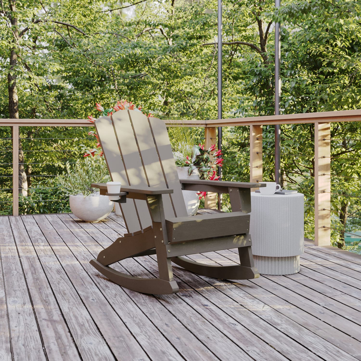Flash Furniture Newport All Weather Outdoor Furniture Adirondack Chair With Cup Holder Brown PopularChairscom