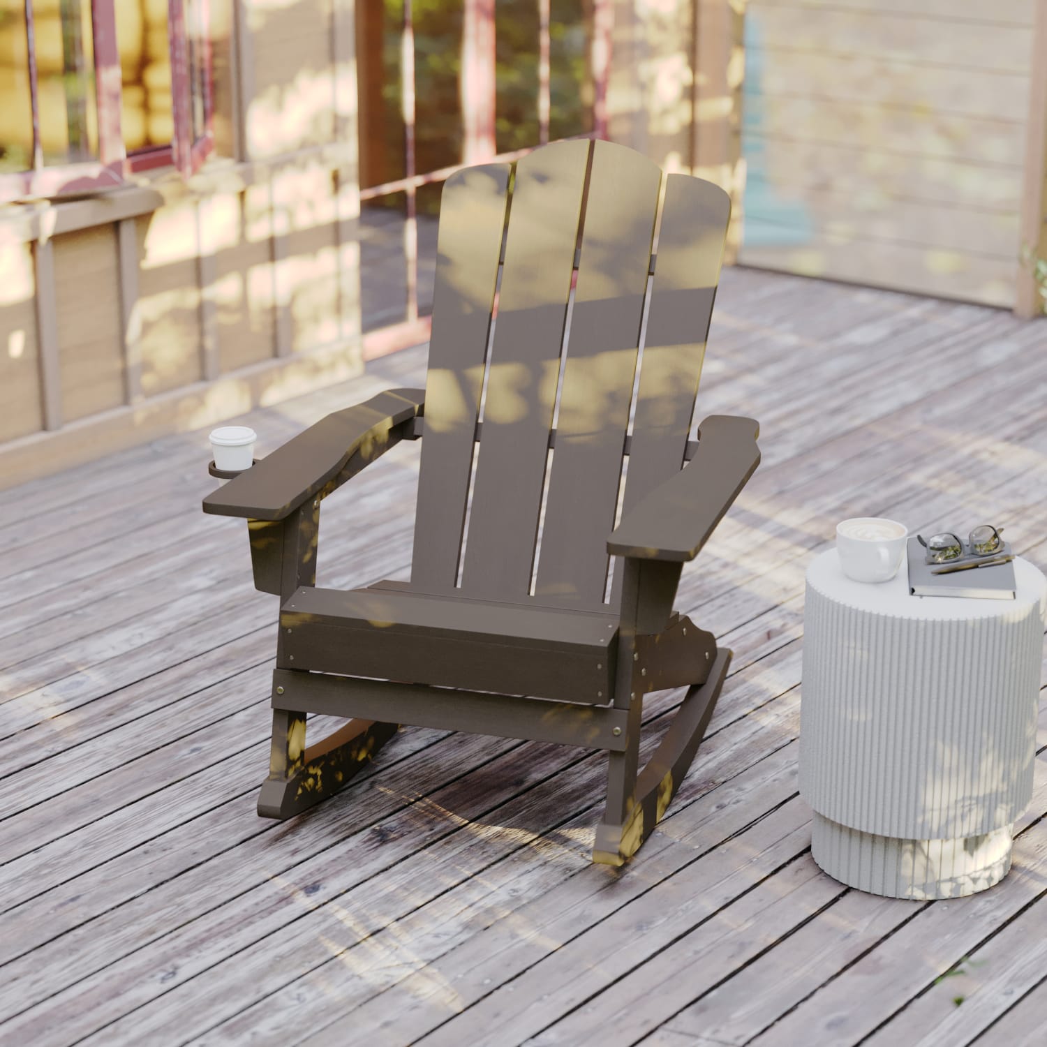 Flash Furniture Newport All-Weather Outdoor Furniture Adirondack Chair With Cup Holder, Brown - Image 6