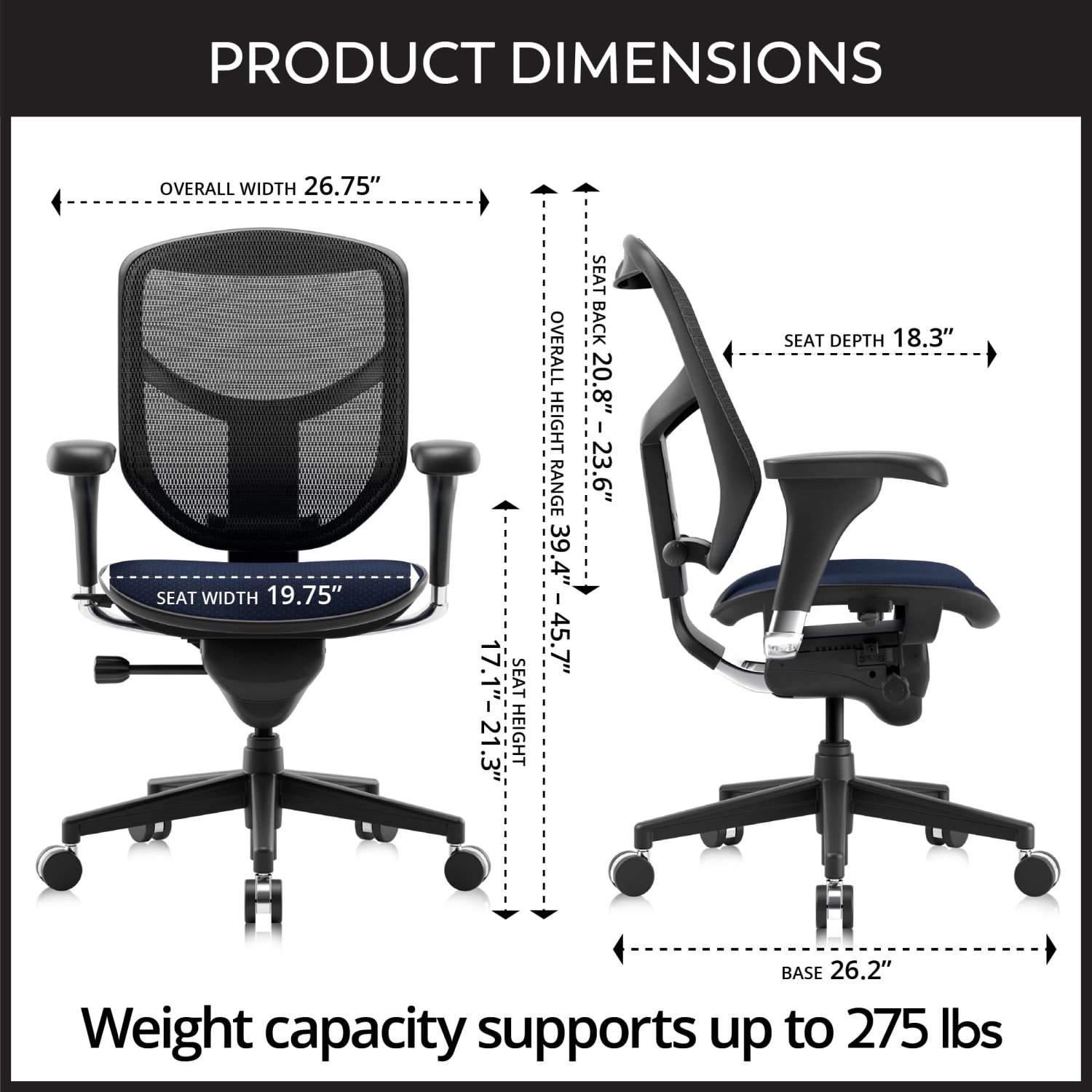 WorkPro Quantum 9000 Series Ergonomic Mesh/Premium Fabric Mid-Back Chair, Black/Navy, BIFMA Compliant - Image 3