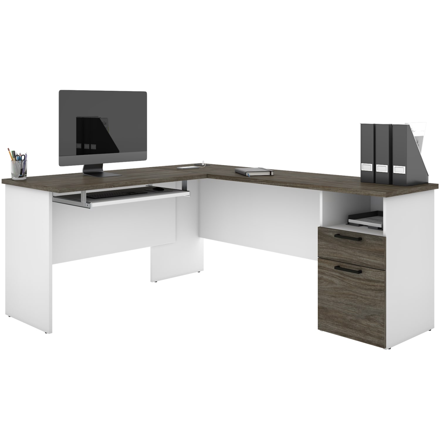 Bestar Norma 71inW L-Shaped Corner Desk, Walnut Gray/White - Image 3