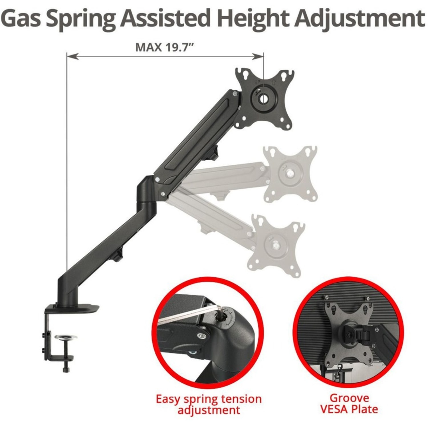 SIIG Single Gas Spring C-Clamp Monitor Desk Mount - 17in to 27in - Full Motion Articulating Monitor Arm - 75 x 75 / 100 x 100 VESA Standard - Weight up to 14.3 lbs - Ergonomic and space saver - Flexiable & Free Adjustment - Image 4
