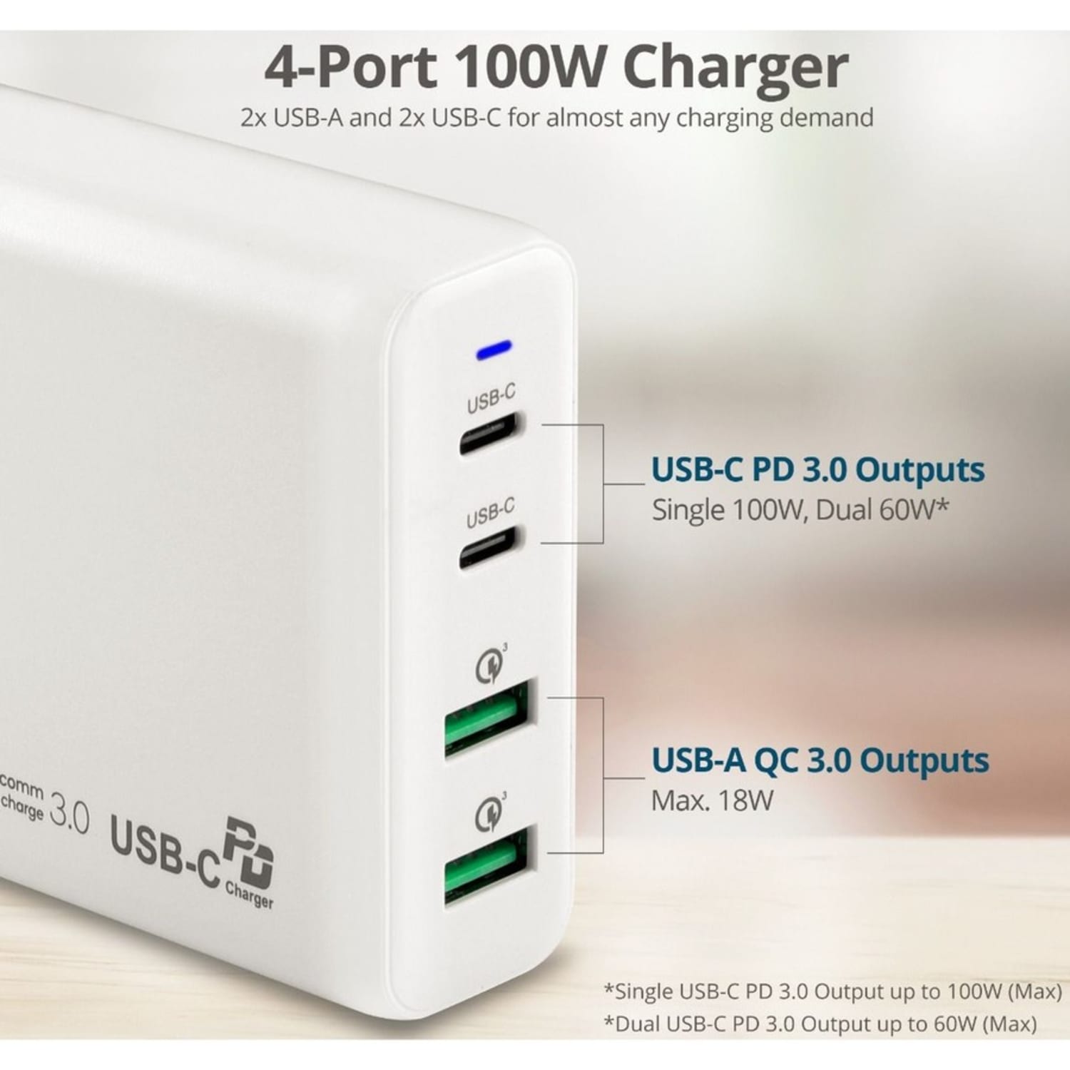 SIIG 100W Dual USB-C PD 3.0 PPS & QC 3.0 Combo Power Charger - White - Powerfull 4-Port high-power charger with two USB-C PD 3.0 PPS and two USB-A QC 3.0 fast charging port - 2A2C combo charging - Image 3