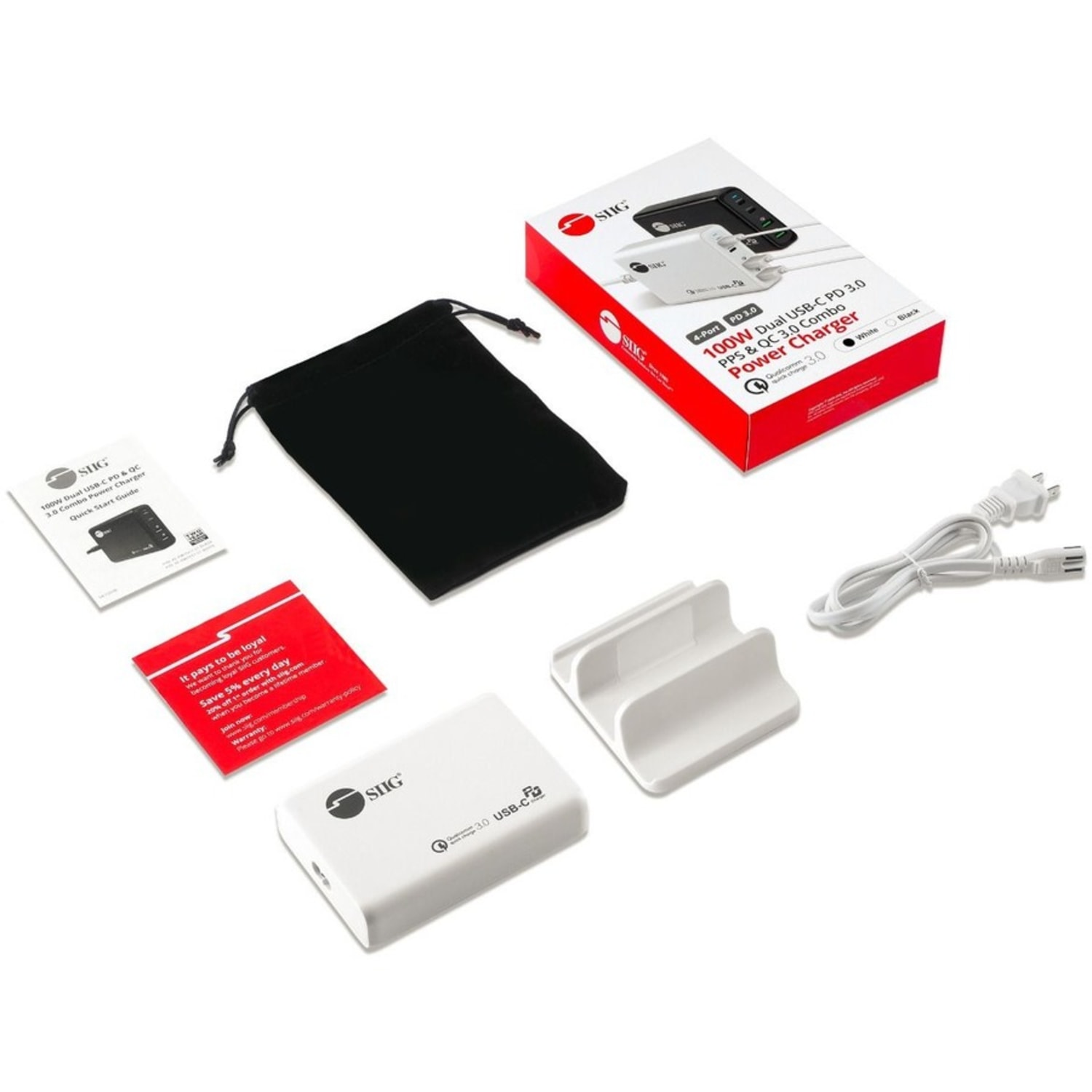 SIIG 100W Dual USB-C PD 3.0 PPS & QC 3.0 Combo Power Charger - White - Powerfull 4-Port high-power charger with two USB-C PD 3.0 PPS and two USB-A QC 3.0 fast charging port - 2A2C combo charging - Image 4
