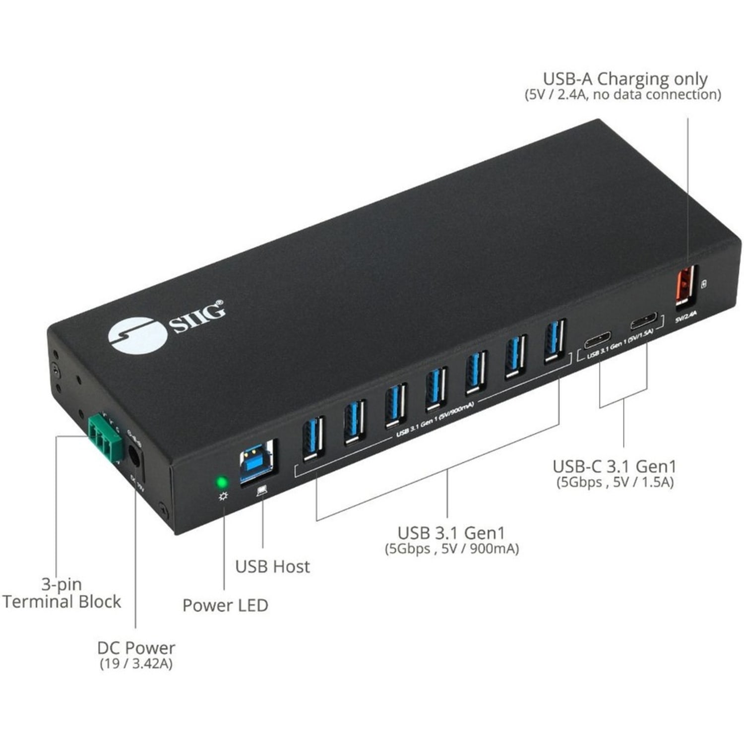 SIIG 10 Port Industrial USB 3.1 Gen 1 Hub with Dual USB-C & 65W Charging - 5Gbps Data Transfer Rates - IDUS0811S1 - Image 3