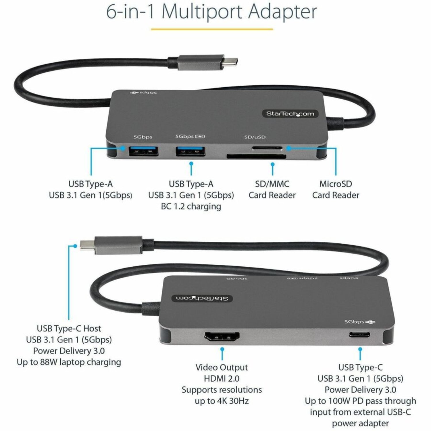 StarTech.com USB C Multiport Adapter, USB-C to 4K HDMI, 100W PD Pass-through, SD/MicroSD, 3xUSB 3.0, USB Typ - DKT30CHSDPD - Image 3