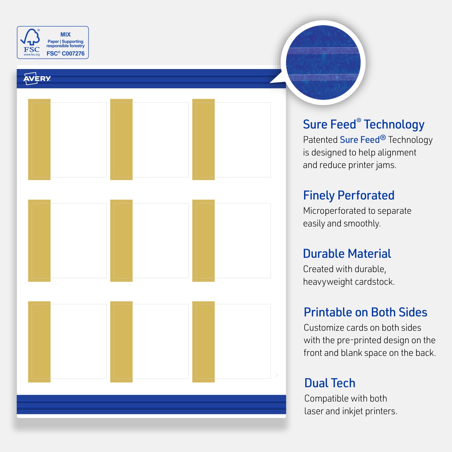 Avery Printable Cards With Sure Feed Technology, 2-1/2in x 2-1/2in, Matte White With Preprinted Gold-Dipped Edge, Pack Of 90 - Image 5