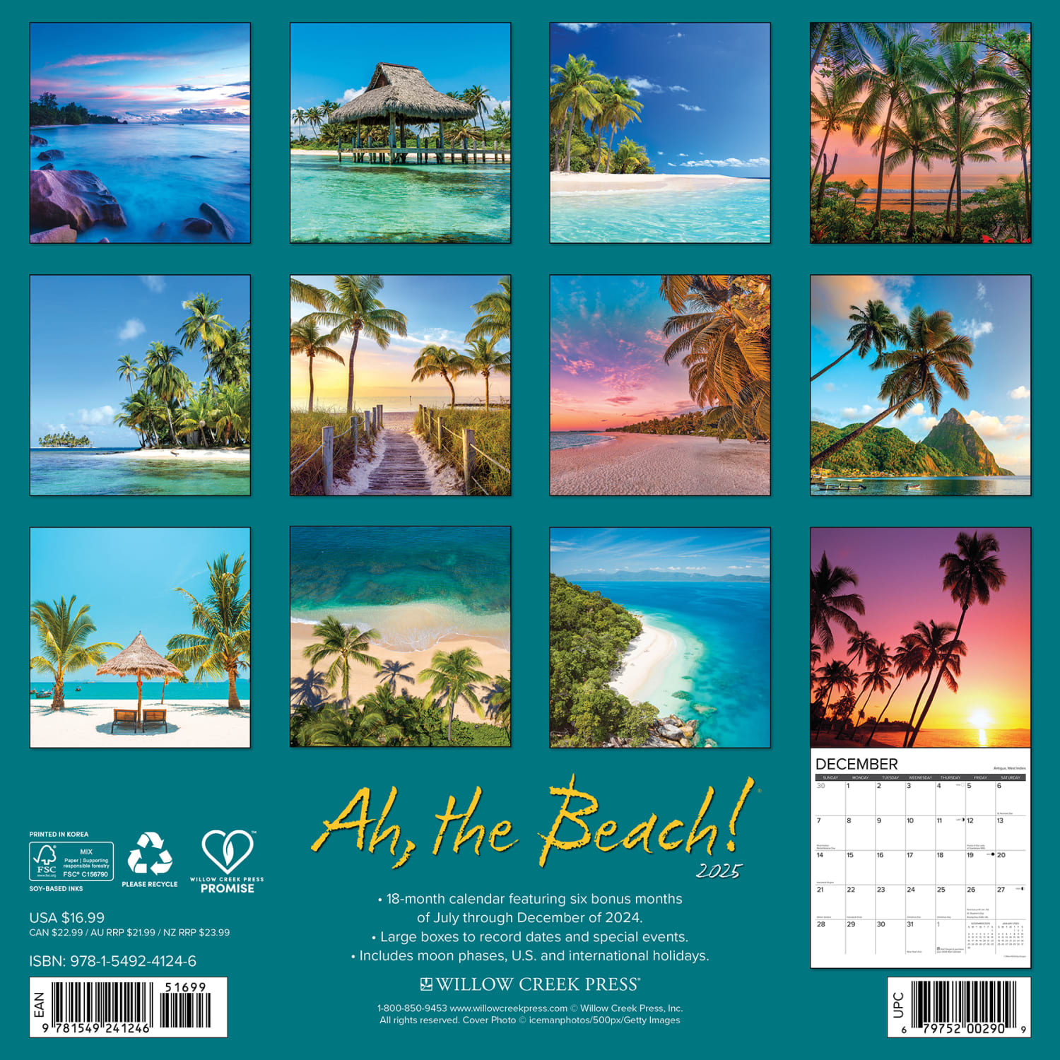2025 Willow Creek Press Scenic Monthly Wall Calendar, 12in x 12in, Ah the Beach, January To December, 41246 - Image 6