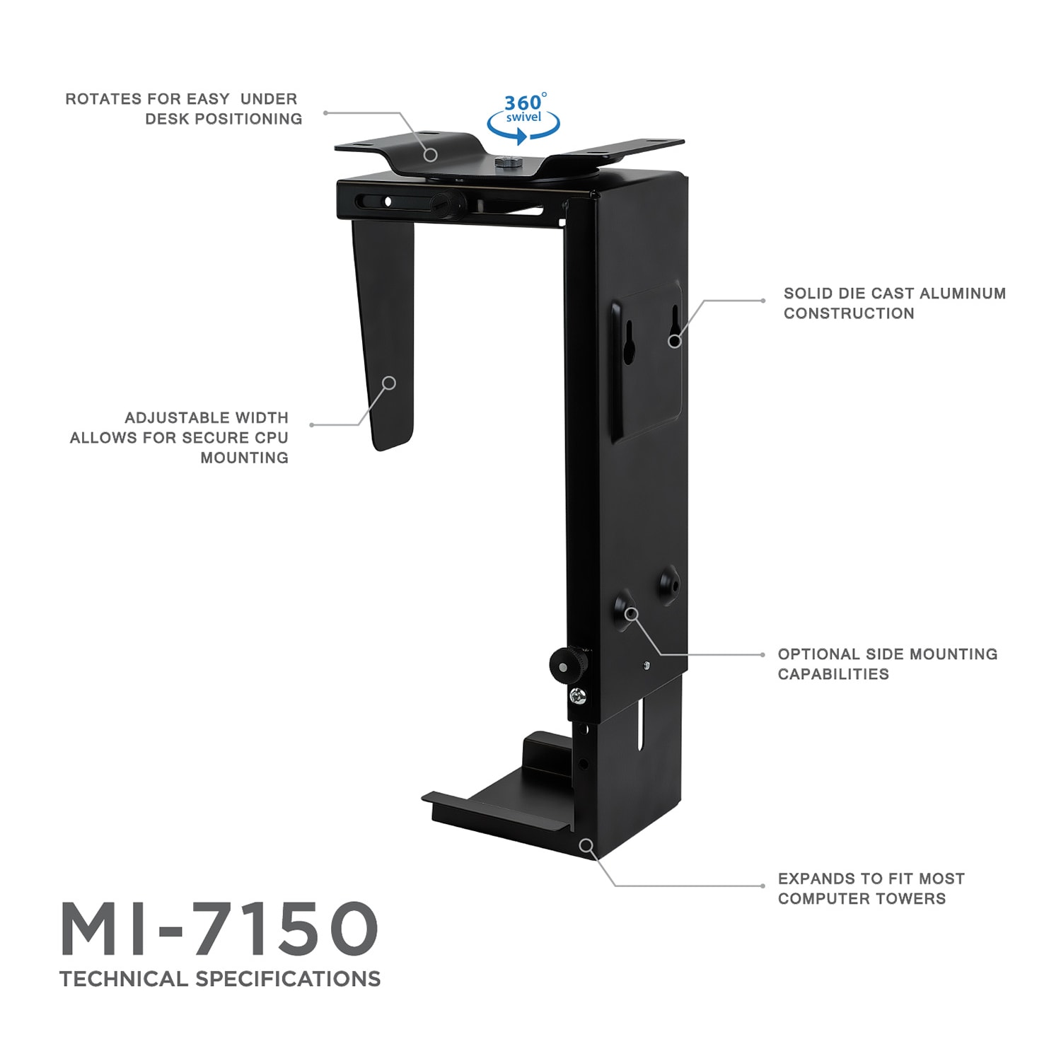 Mount-It! MI-7150 CPU Under Desk Mount Bracket, 3.5in to 8in W, Black - Image 5