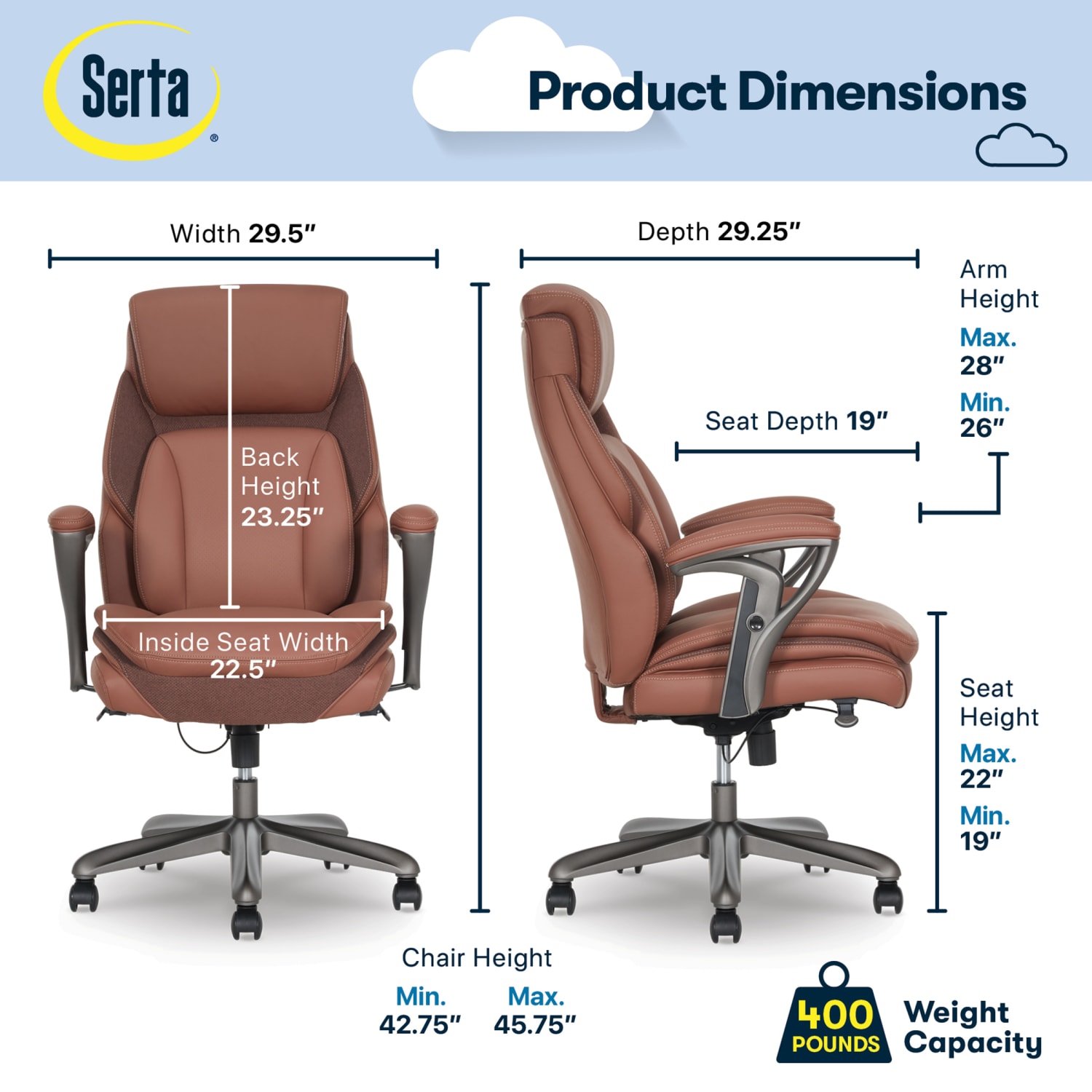 Serta SmartLayers Everett Big  Tall Ergonomic Vegan Leather High Back Executive Office Chair CognacDark Gray PopularChairscom