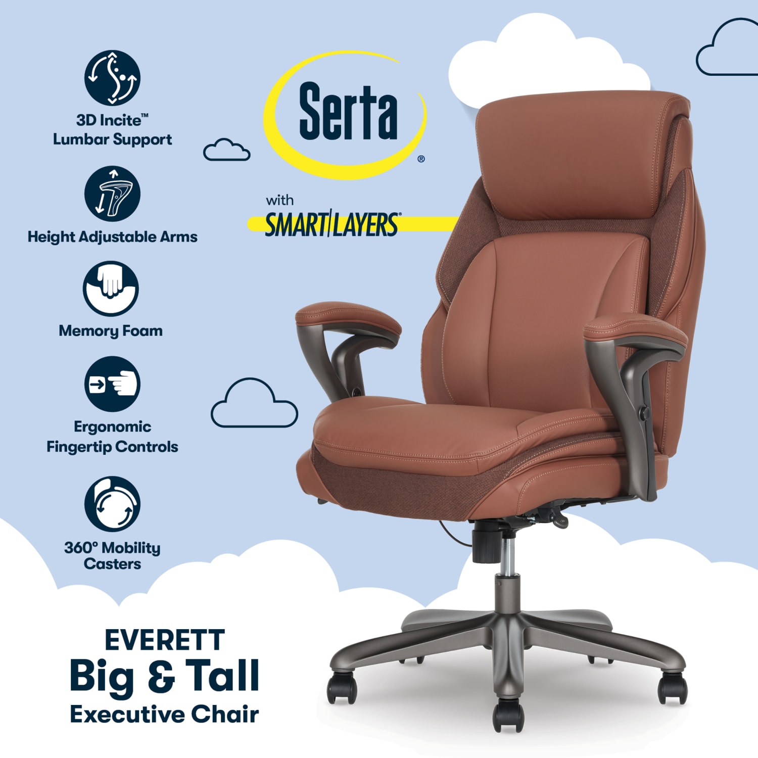 Serta SmartLayers Everett Big  Tall Ergonomic Vegan Leather High Back Executive Office Chair CognacDark Gray PopularChairscom