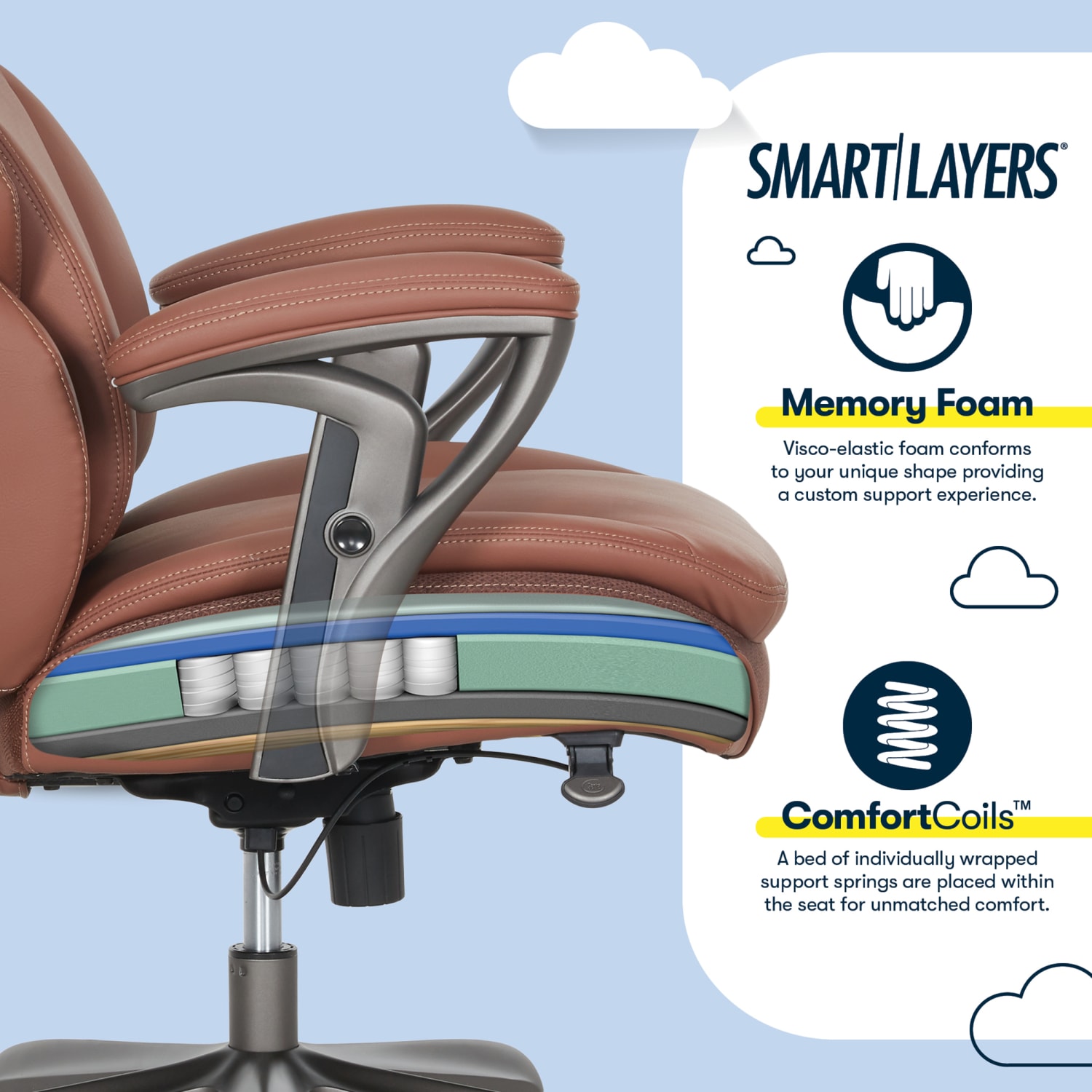 Serta SmartLayers Everett Big & Tall Ergonomic Vegan Leather High-Back Executive Office Chair, Cognac/Dark Gray - Image 6