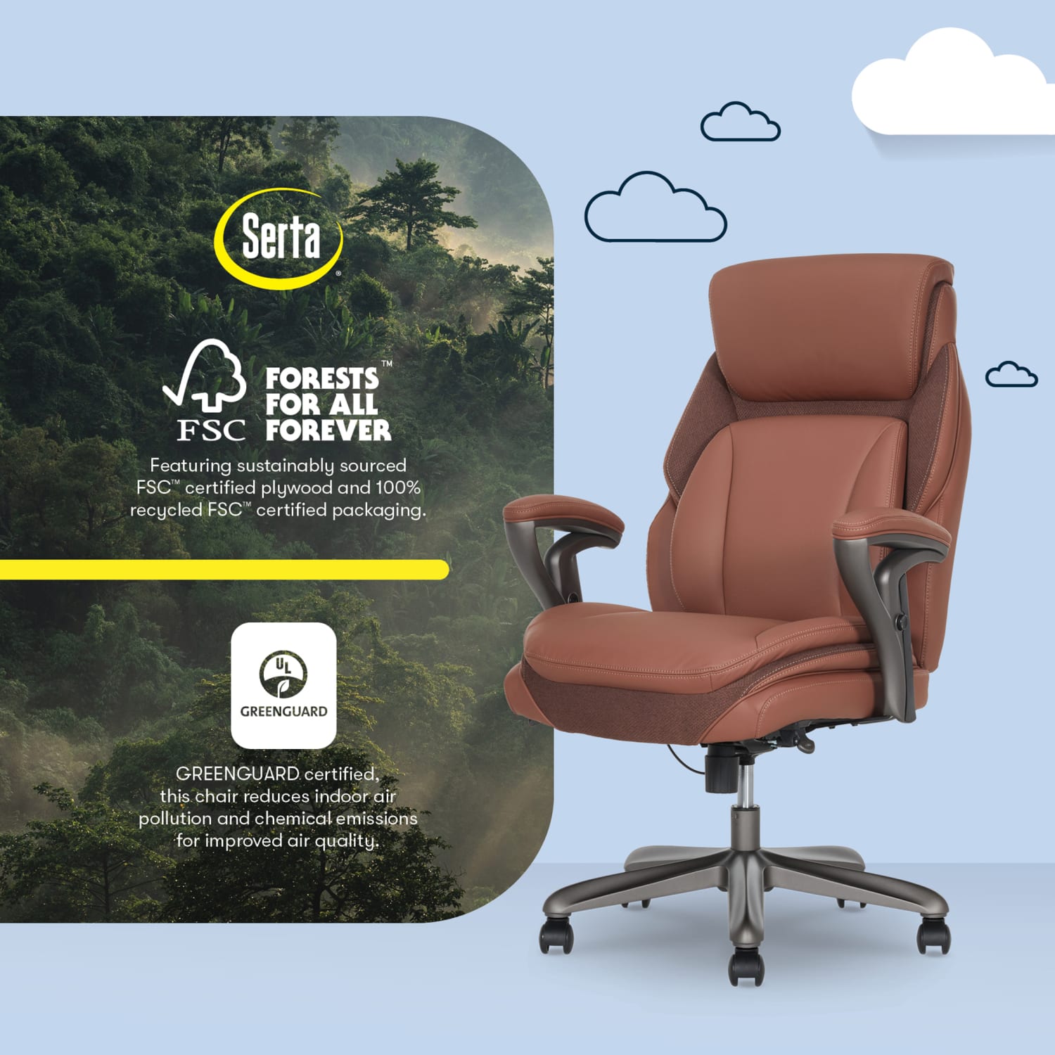 Serta SmartLayers Everett Big  Tall Ergonomic Vegan Leather High Back Executive Office Chair CognacDark Gray PopularChairscom
