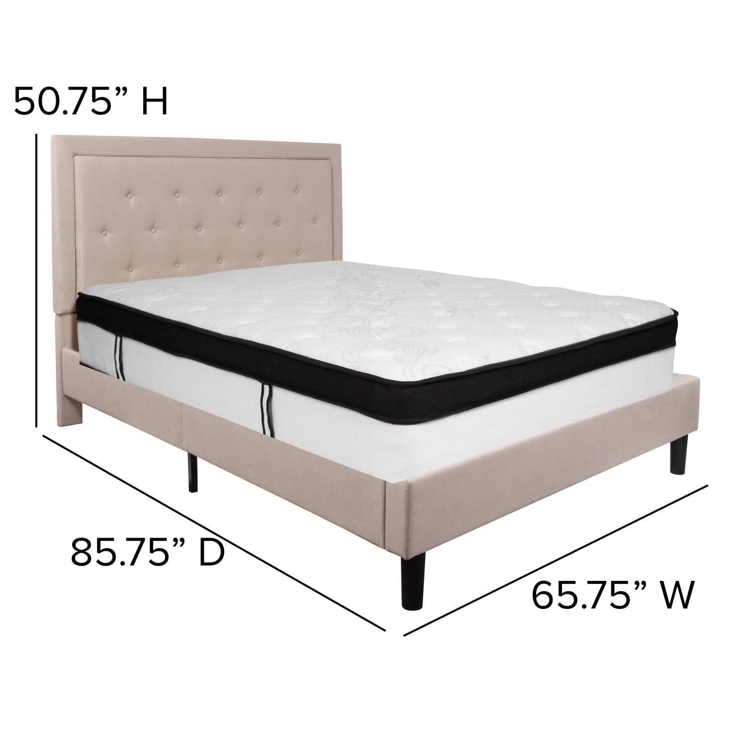 Flash Furniture Roxbury Panel Tufted Upholstered Platform Bed and Memory Foam Pocket Spring Mattress, Queen, 50-3/4inH x 65-3/4inW x 85-3/4inL, Beige - Image 5