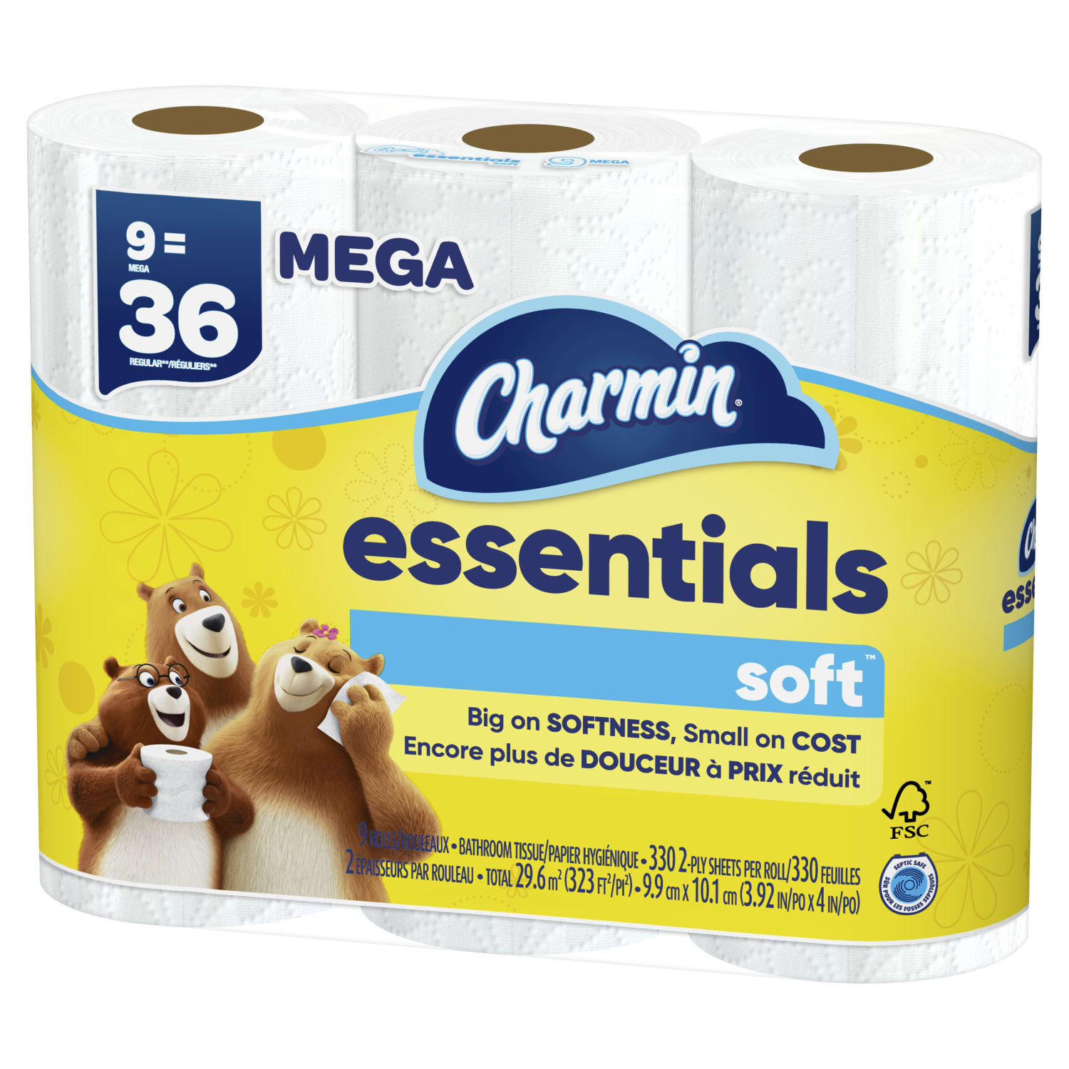 Charmin Essentials Soft Mega 2-Ply Toilet Paper Rolls, 4in x 4-1/2in, 330 Sheets Per Roll, White, Pack Of 9 Rolls - Image 5