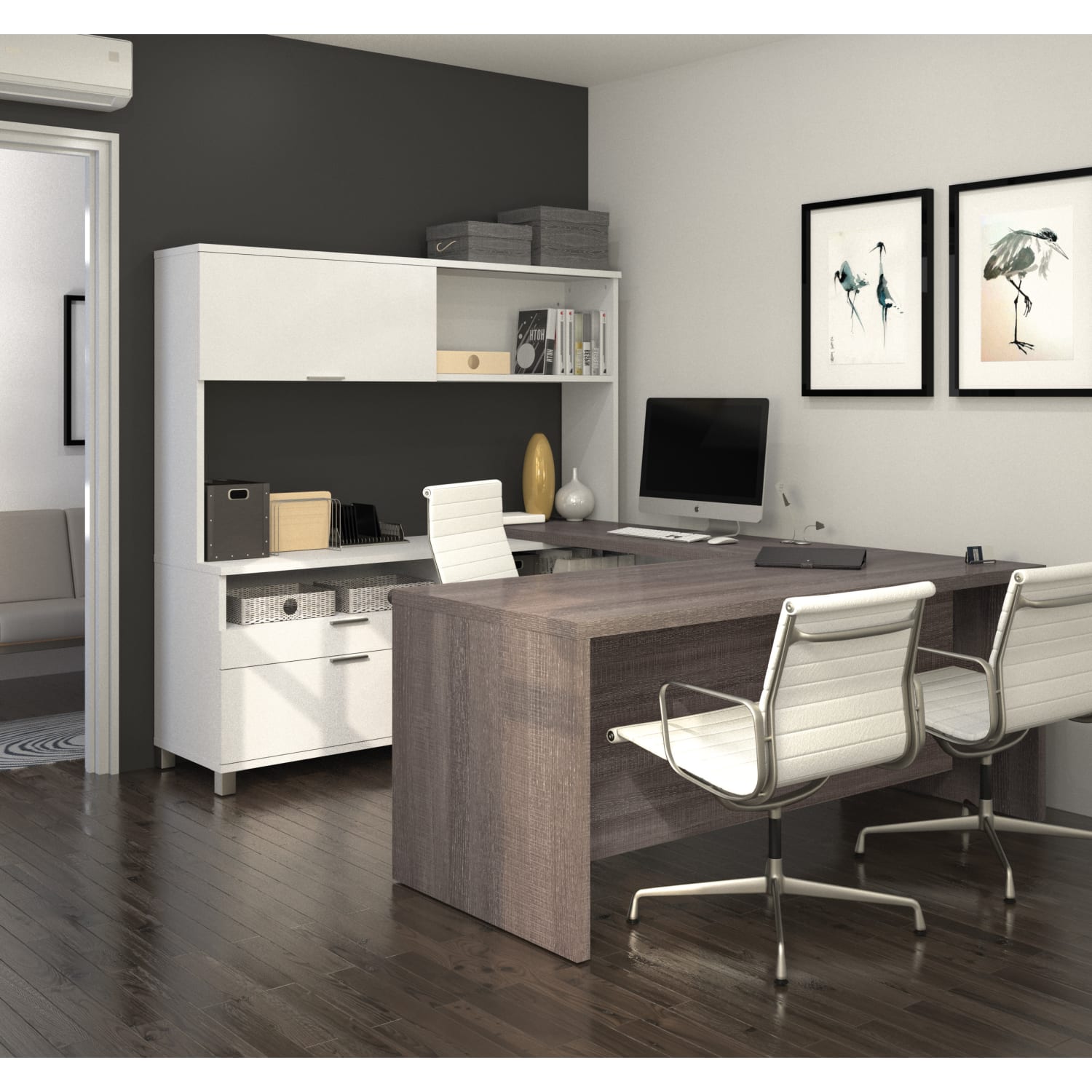 Bestar Pro-Linea 72inW U-Shaped Executive Computer Desk With Hutch, Bark Gray - Image 4