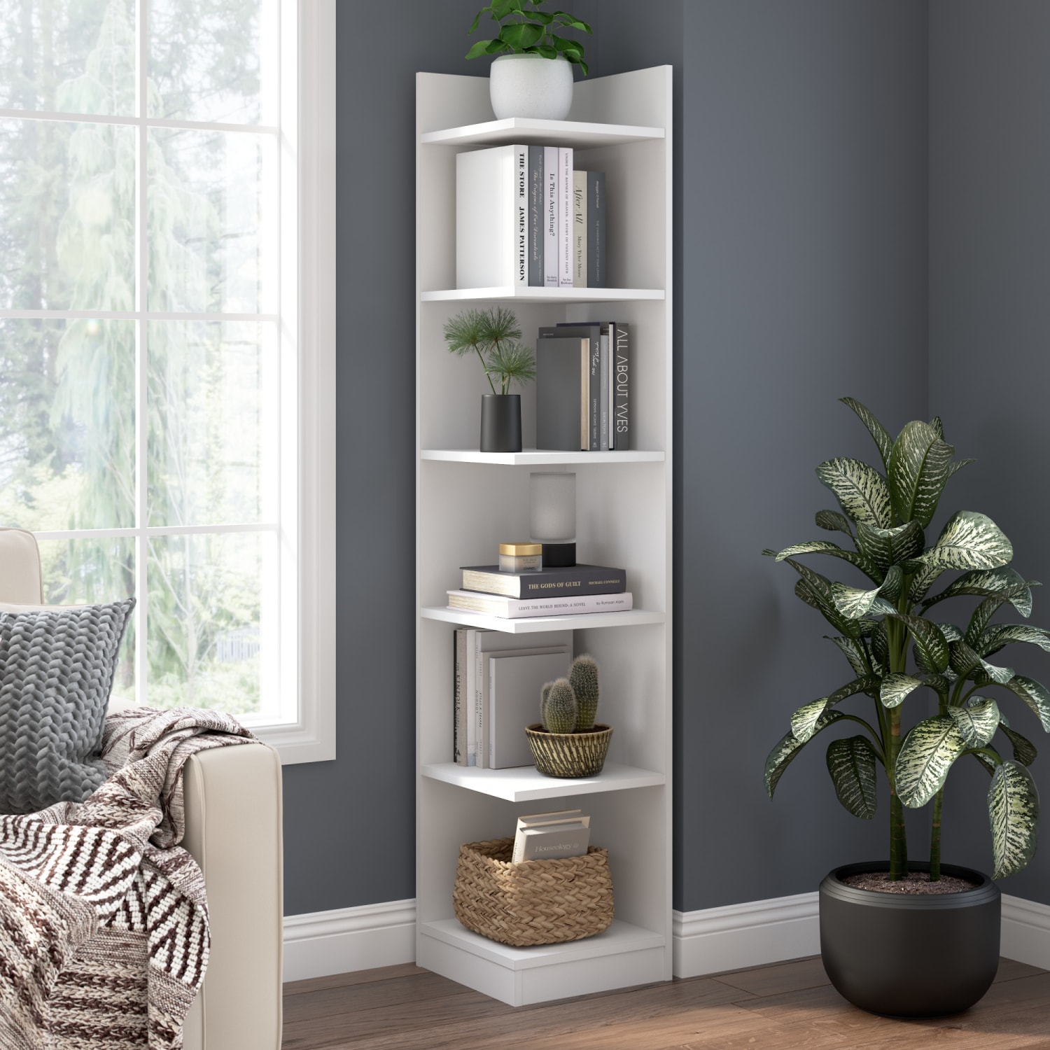 Bush Furniture Universal 71inH Tall 6 Shelf Corner Bookshelf, White, Standard Delivery - Image 3