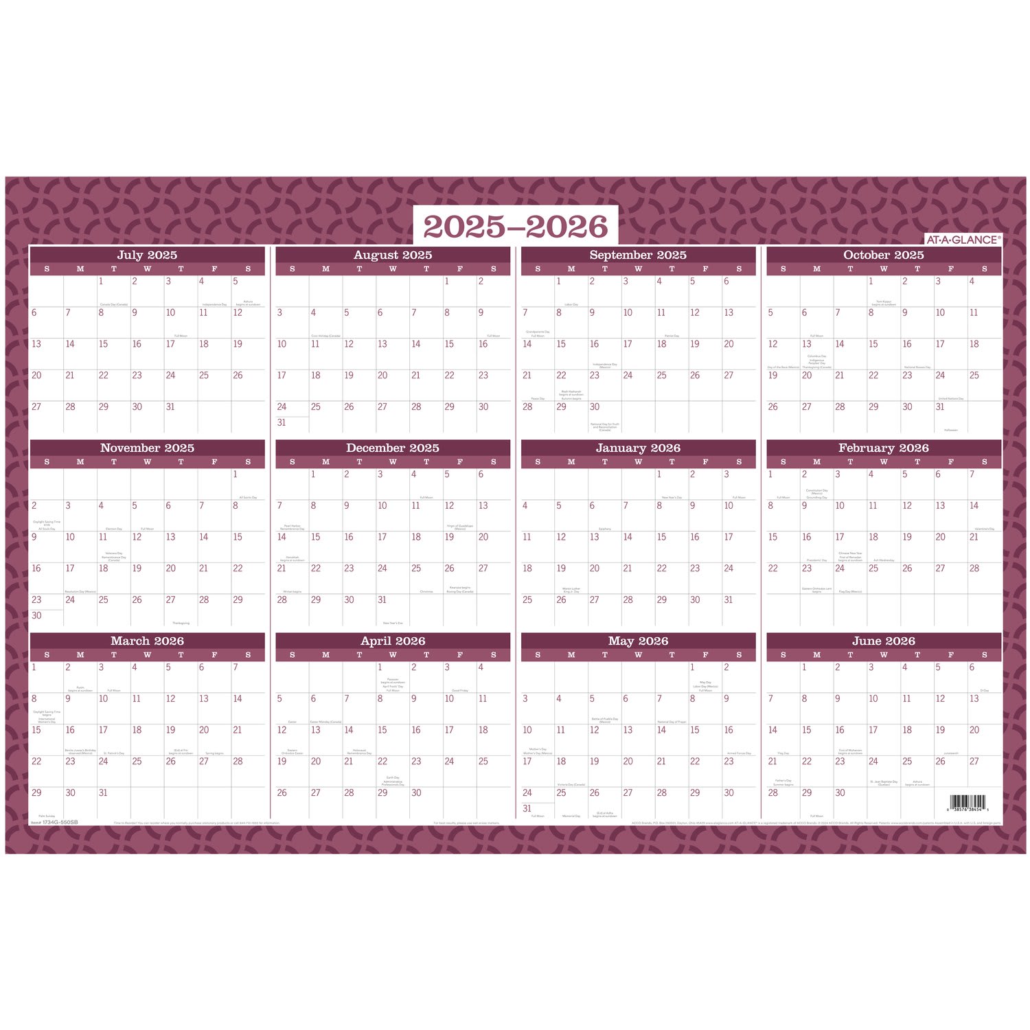 AT-A-GLANCE BADGE Reversible Erasable Academic and Regular Year 2025-2026 Wall Calendar, Geo, Extra Large, 24in x 36in