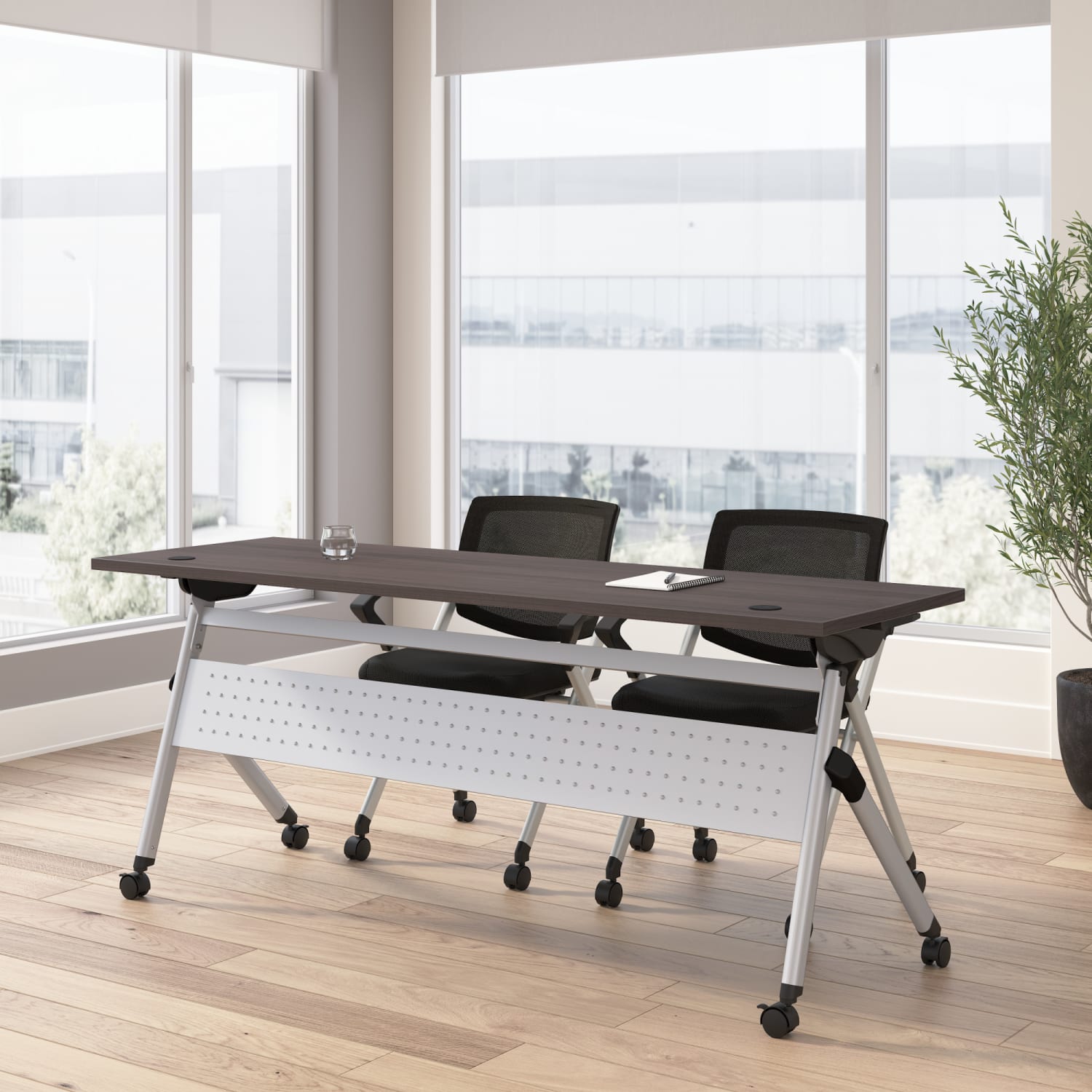 Bush Business Furniture Envision 72inW Folding Training Table and 2 Folding Chairs with Arms, Storm Gray/Cool Gray Metallic, Standard Delivery