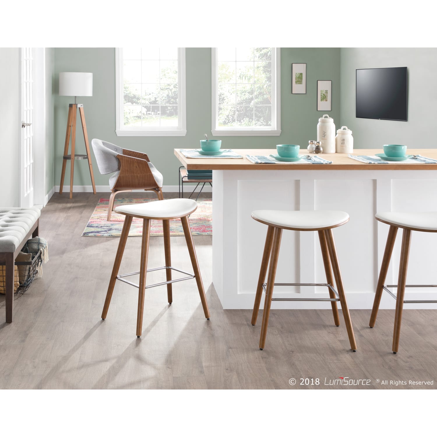 LumiSource Saddle Counter Stools, Walnut/White, Set Of 2 Stools - Image 10