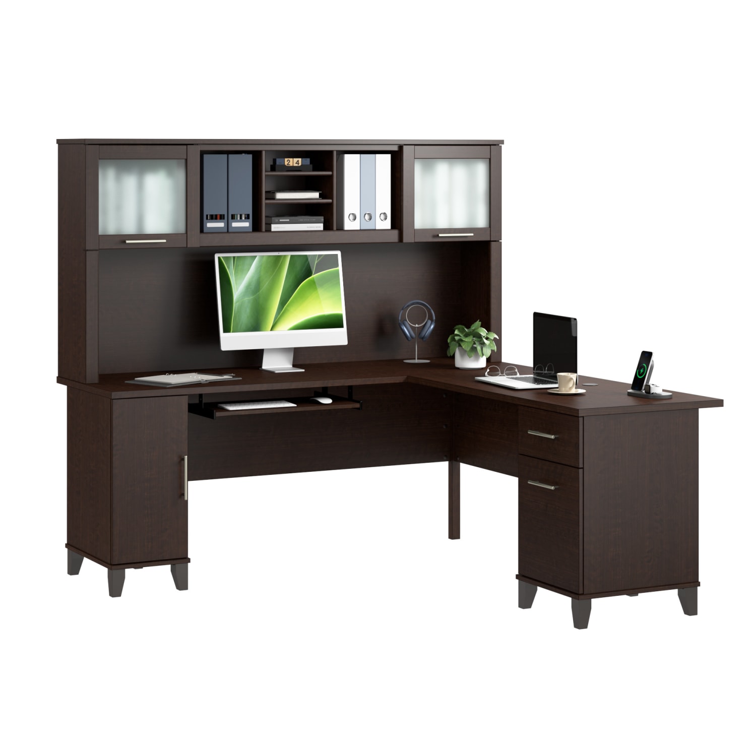 Bush Furniture Somerset 72inW L-Shaped Desk With Hutch, Mocha Cherry, Standard Delivery - Image 3