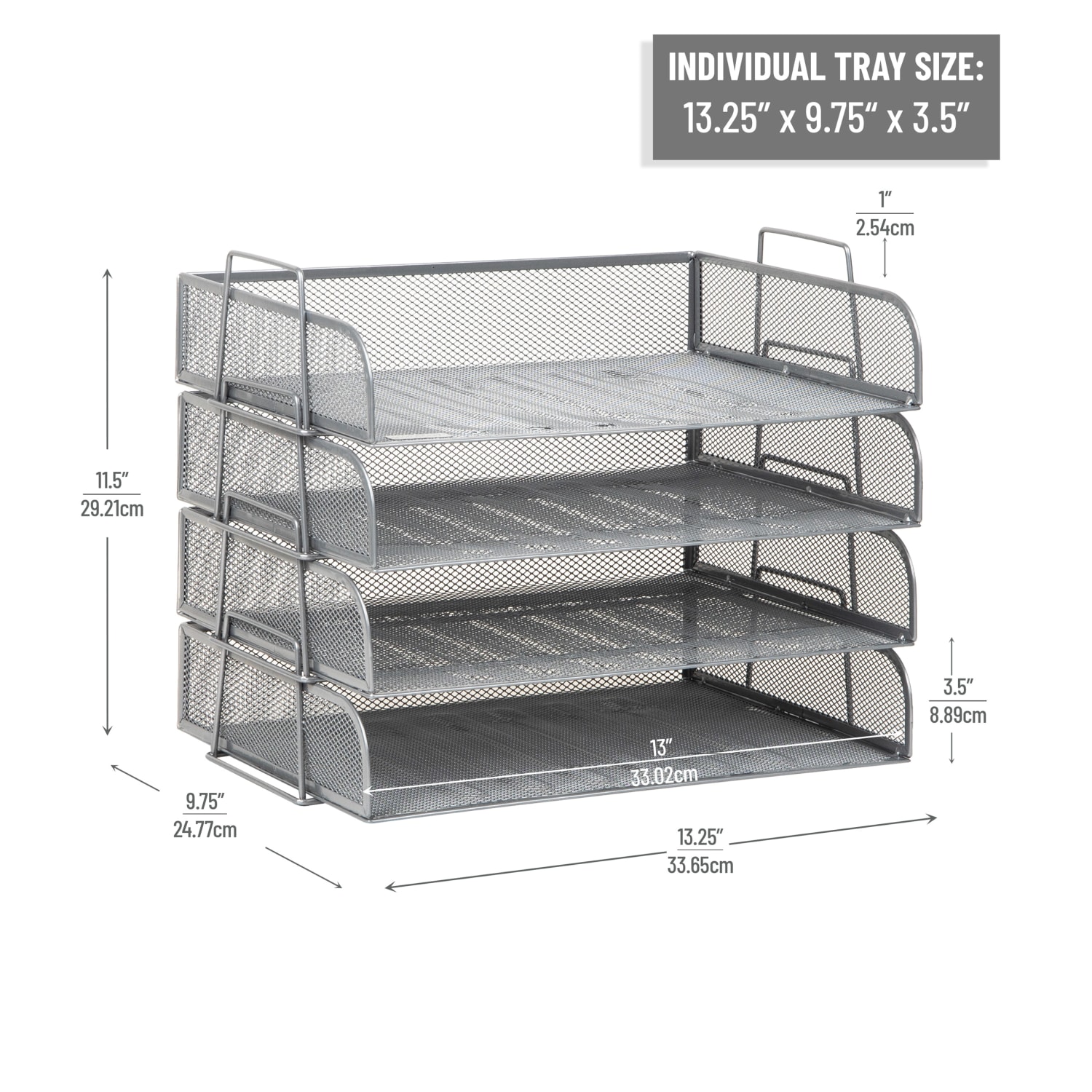 Mind Reader 4-Piece Stackable Paper Tray Desktop Organizer, 11-1/2inH x 9-3/4inW x 13-1/4inD, Silver - Image 4