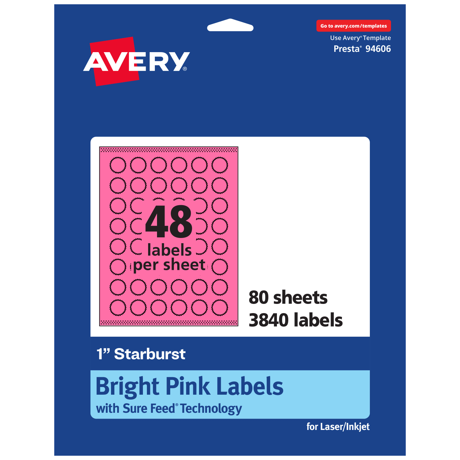 Avery Print-To-The-Edge Labels With Sure Feed Technology, 94606-BPP80, Starburst, 1in, Matte Bright Pink, Pack of 3840
