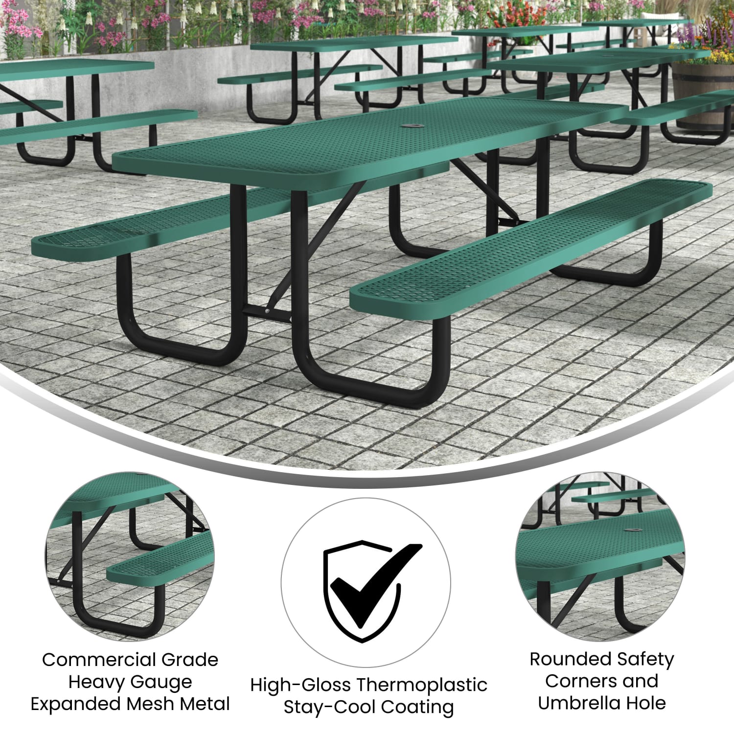 Flash Furniture Mantilla Outdoor Picnic Table with Commercial Heavy Gauge Expanded Metal Mesh Top and Seats and Steel Frame and Ground Anchors, 8ft, Green - Image 4