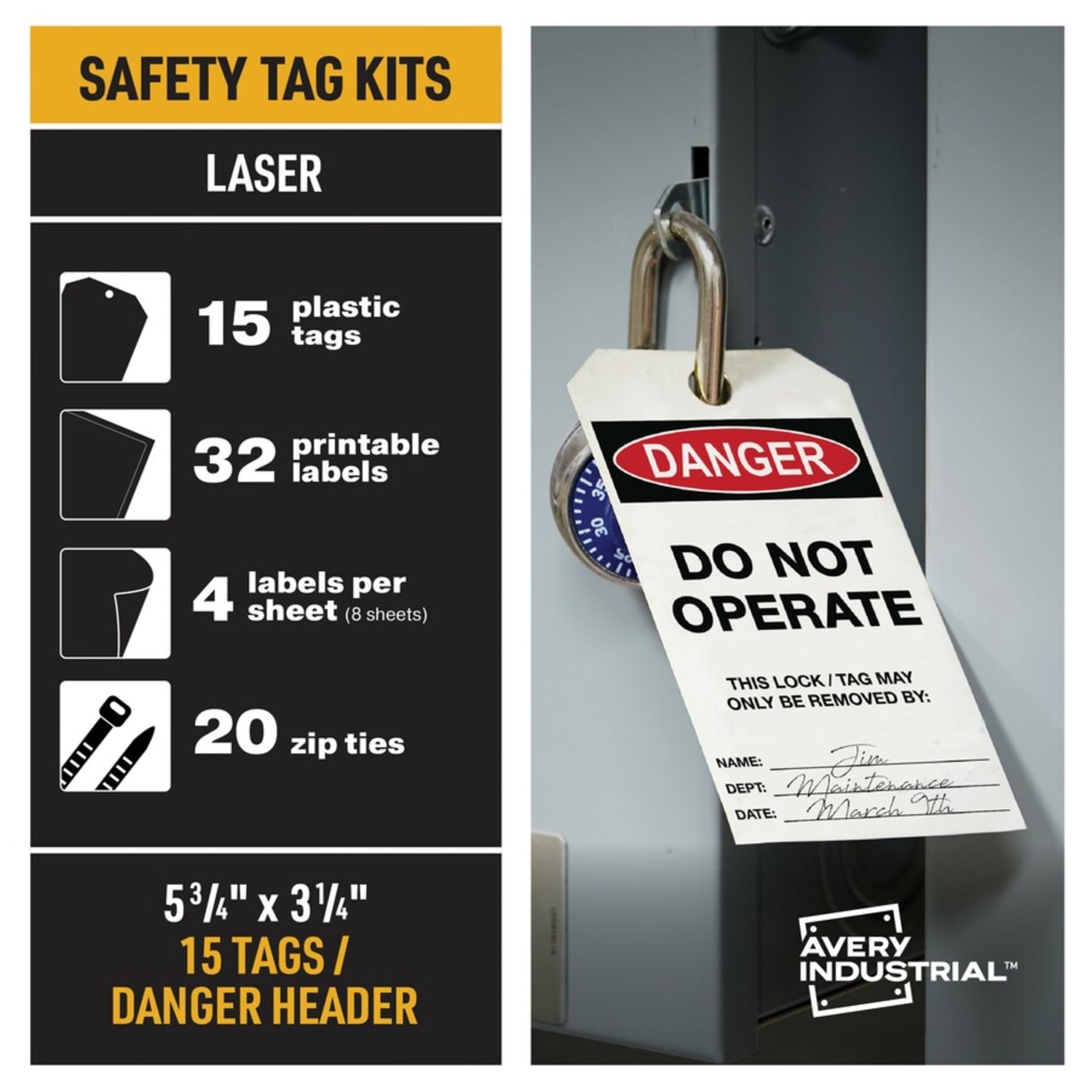 Avery UltraDuty Hazard Warning Tag Kit - 3.25in Length x 5.75in Width - Plastic, Nylon, Vinyl - White - 15 / Pack - Image 3