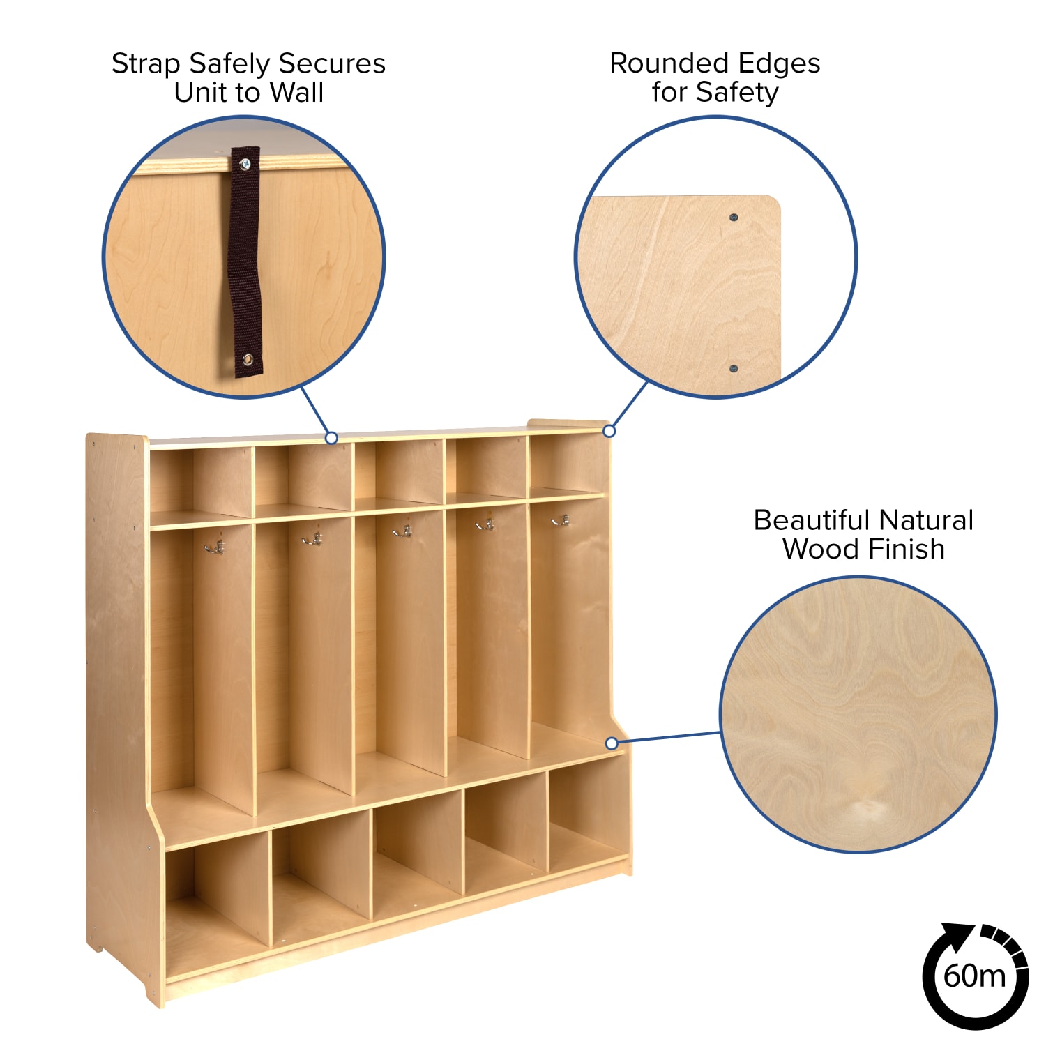 Flash Furniture Wooden School Coat Locker, 48inH x 48inW x 15inD, Natural - Image 4