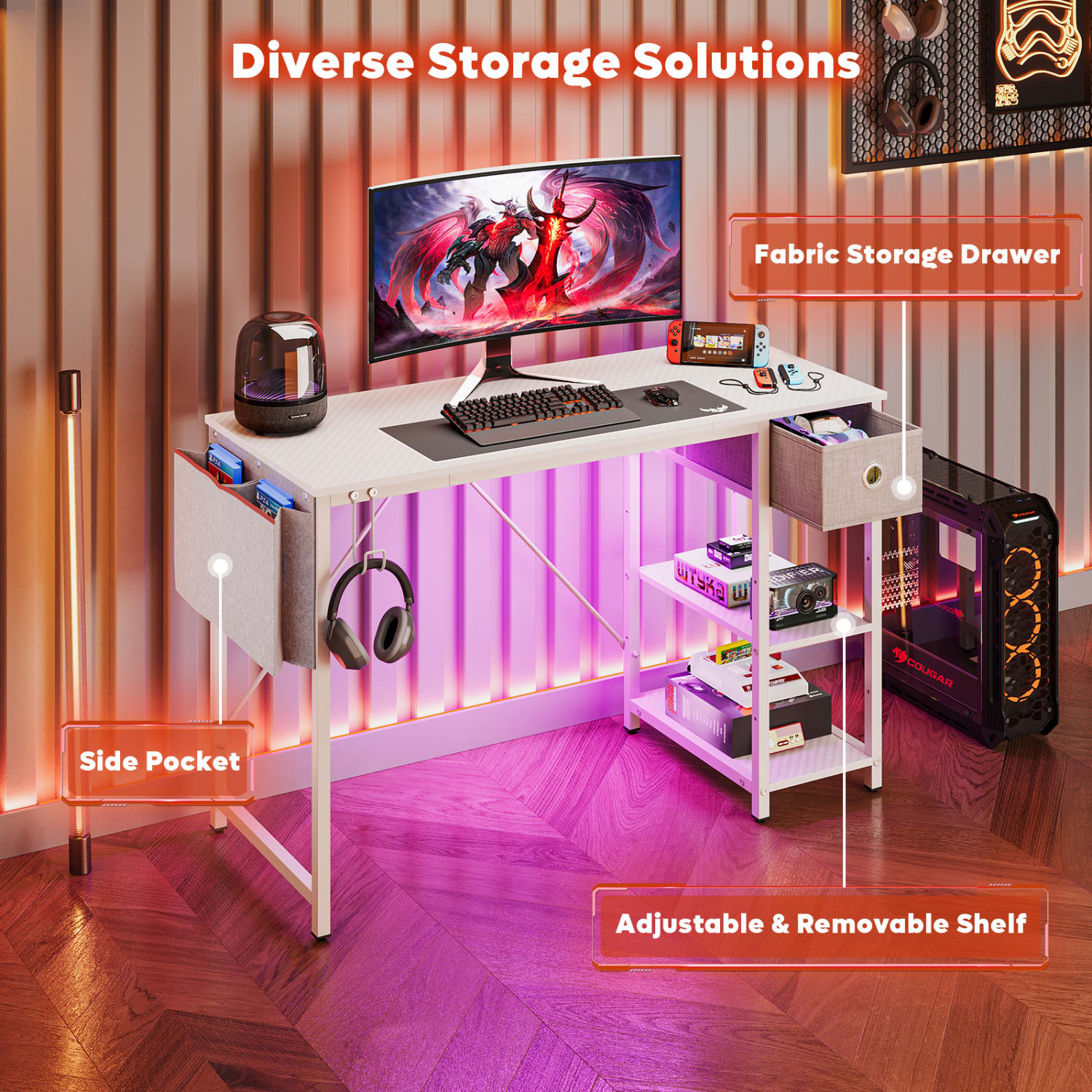 Bestier 48inW Reversible Computer Desk With Storage Drawer, Adjustable Shelf And Side Bag, White - Image 4