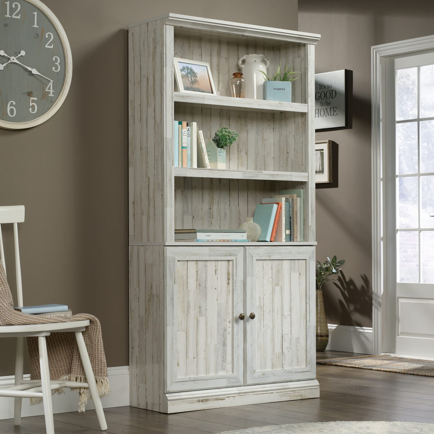 Sauder Select 70inH 5-Shelf Bookcase With Doors, White Plank - Image 4