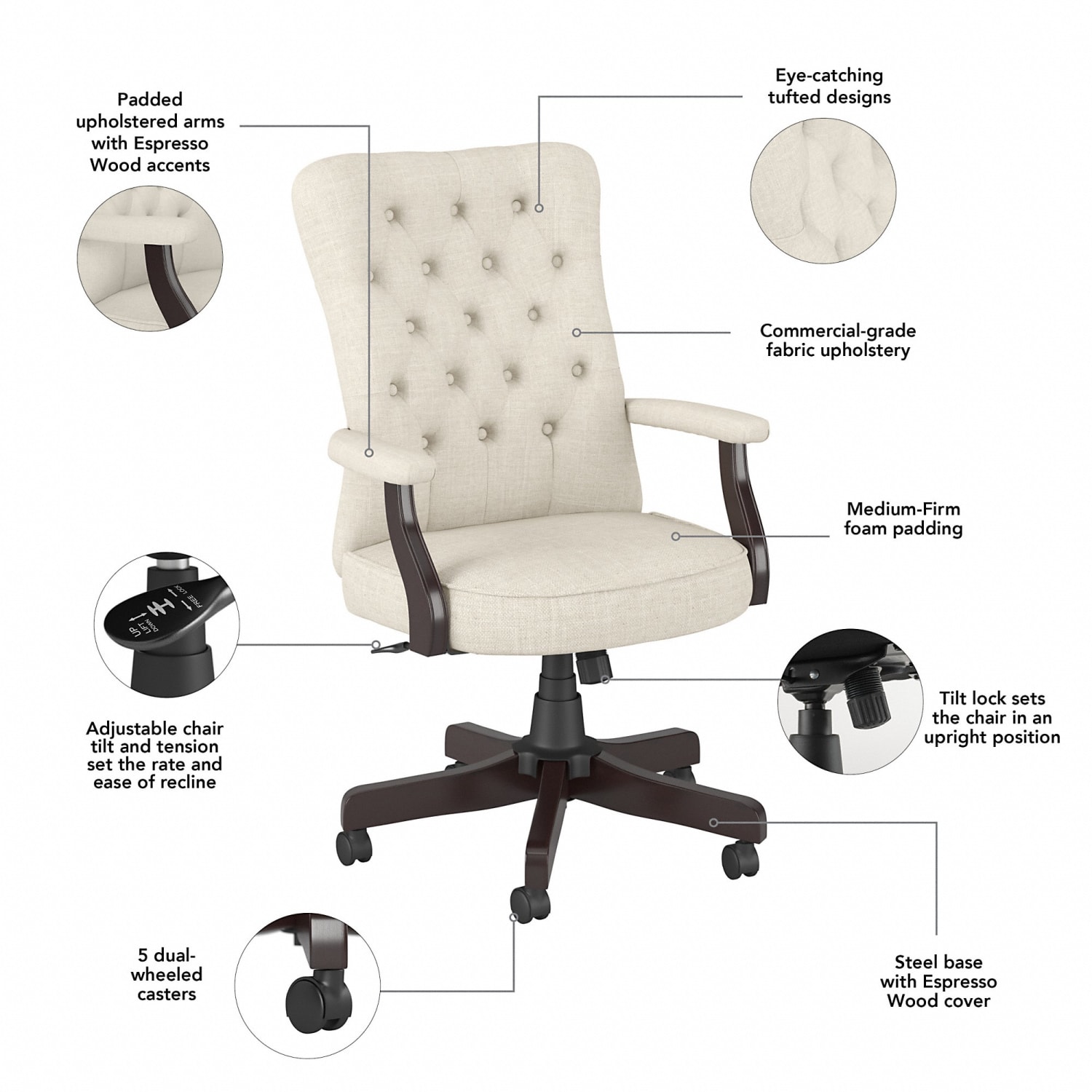 Bush Business Furniture Arden Lane High-Back Tufted Office Chair With Arms, Cream Fabric, Standard Delivery - Image 4