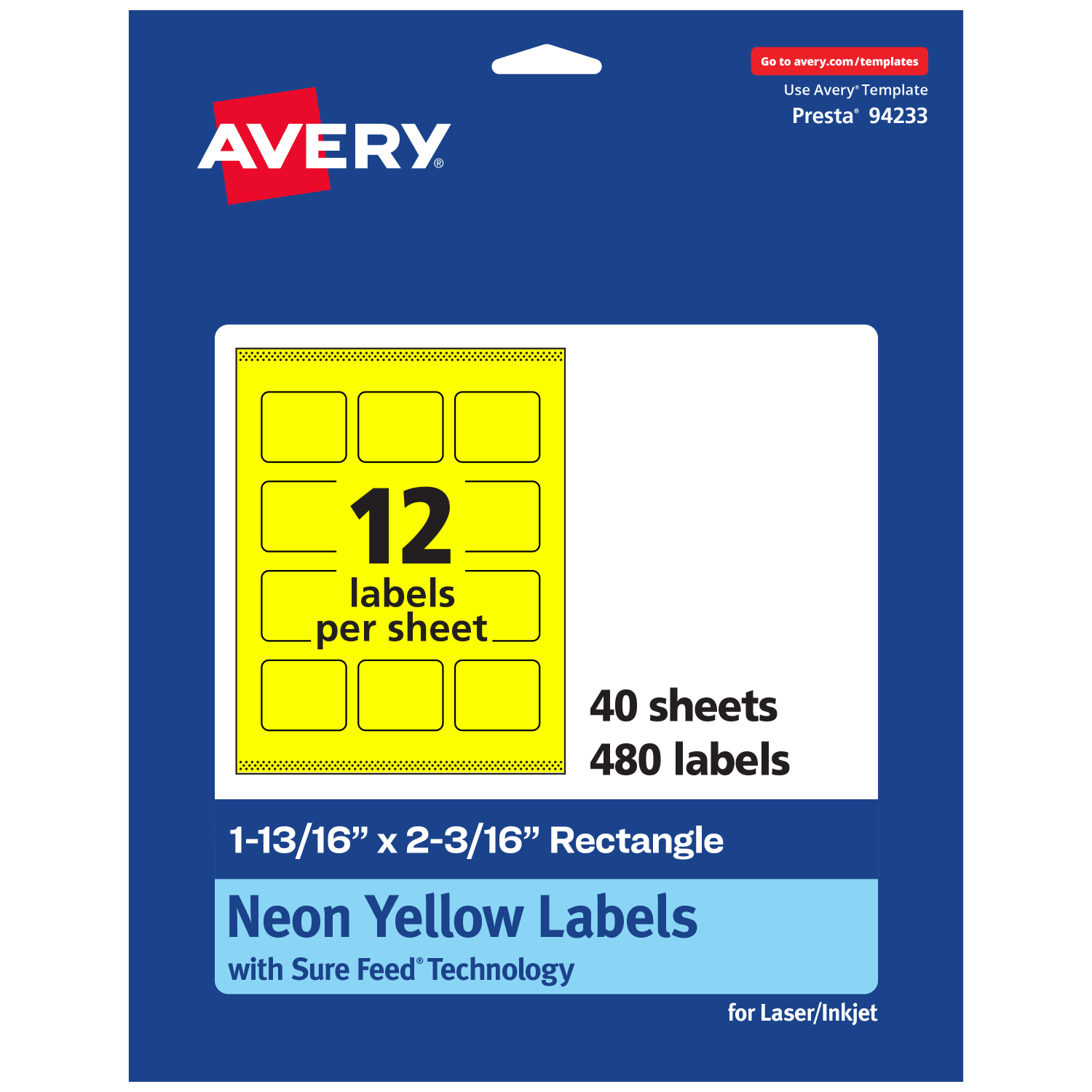 Avery Print-To-The-Edge Labels With Sure Feed Technology And Easy Peel, 94233-NYP40, Rectangle, 1-13/16in x 2-3/16in, Matte Neon Yellow, Pack of 480