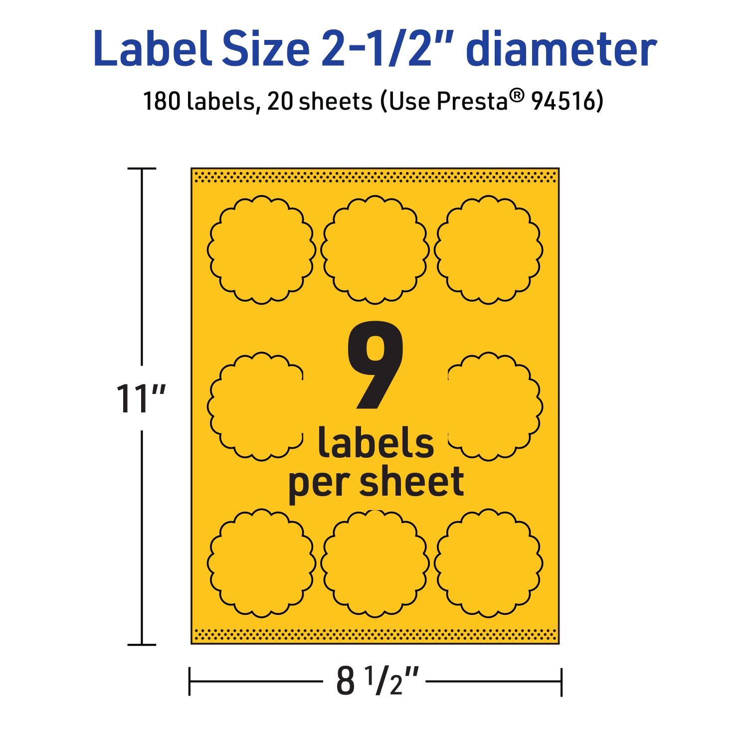 Avery Print-To-The-Edge Labels With Sure Feed Technology, 94516-BYP20, Round Scalloped, 2-1/2in, Matte Bright Yellow, Pack of 180 - Image 6