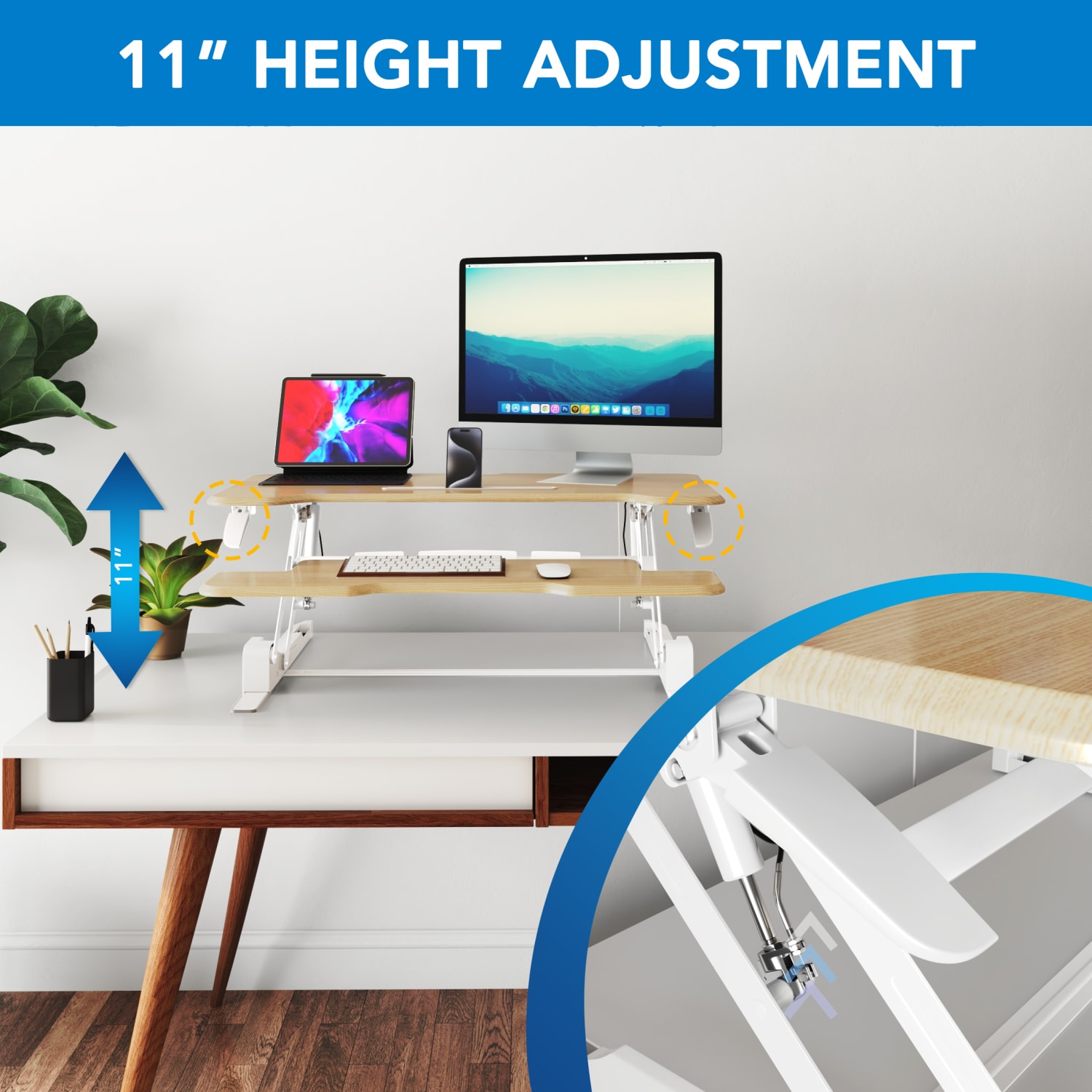 Mount-It! Standing Desk Converter With Adjustable Height And 38inW Desktop, Maple Woodgrain - Image 3