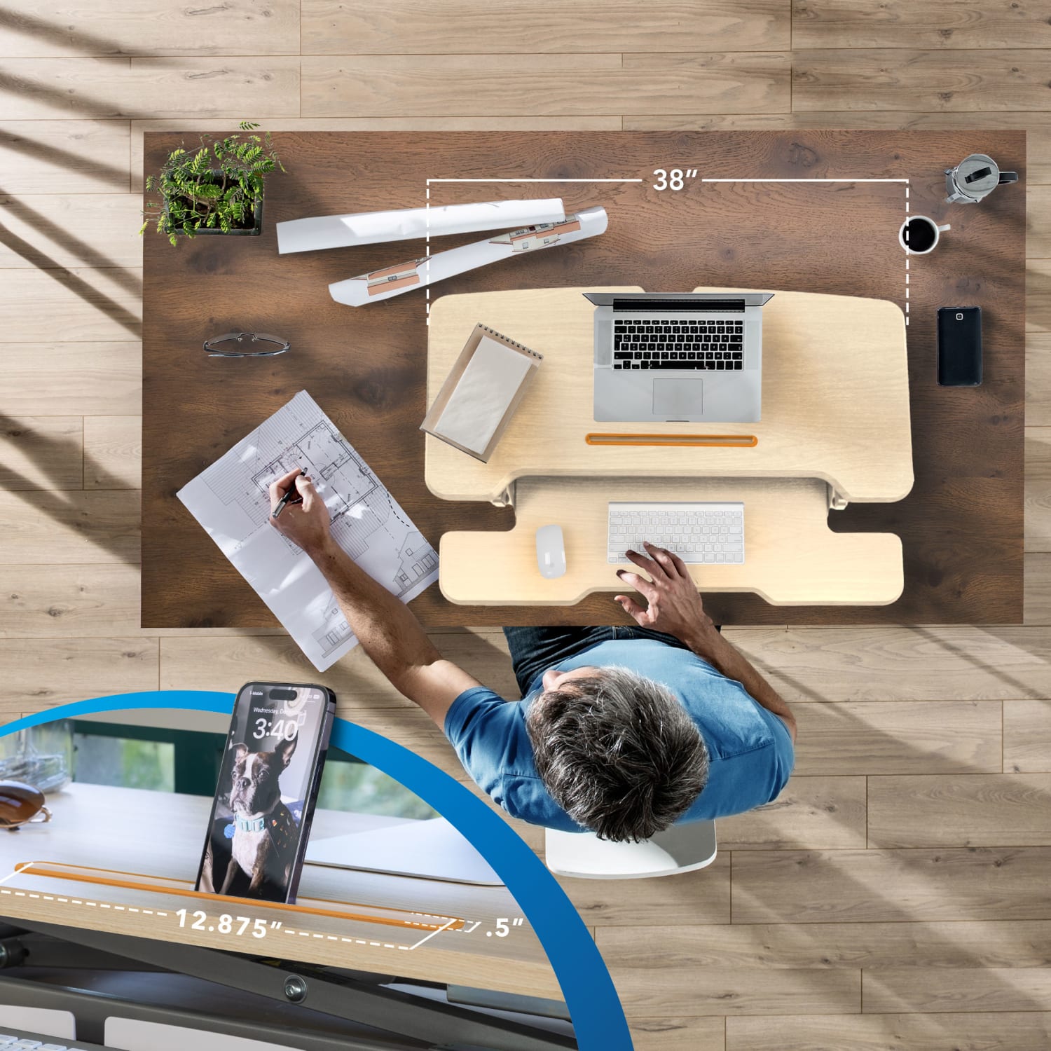 Mount-It! Standing Desk Converter With Adjustable Height And 38inW Desktop, Maple Woodgrain - Image 6