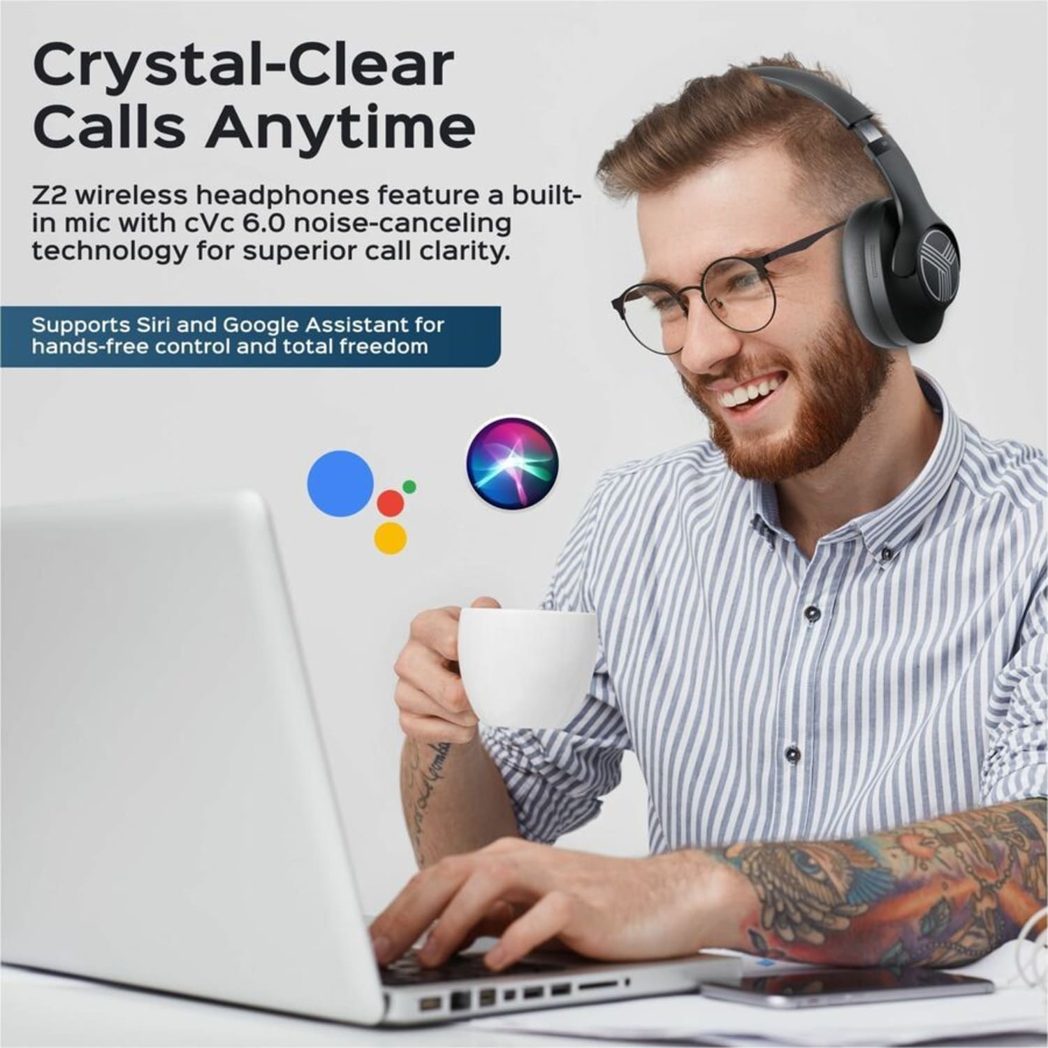 TREBLAB Z2 |Over Ear Workout Headphones with Microphone |Bluetooth 5.0, ANC|Wireless Headphones  - Z2B - Image 5