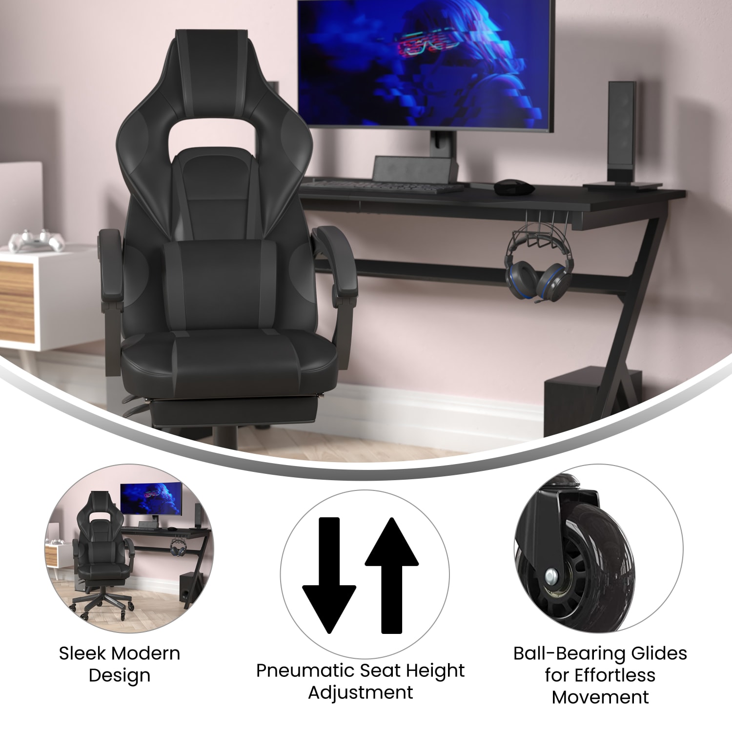Flash Furniture X40 Ergonomic Faux Leather Racing Computer Gaming Chair, Black/Gray - Image 5
