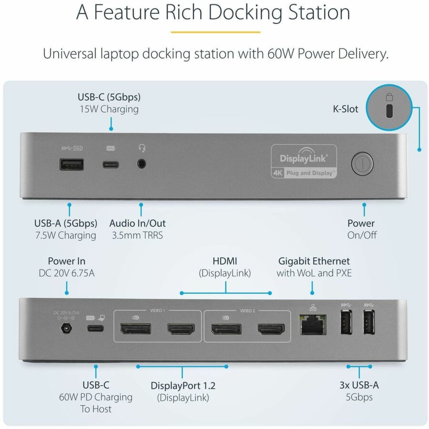 StarTech.com USB-C & USB-A Dock - Hybrid Universal Laptop Docking Station with Dual Monitor Display 4K 60Hz HDMI & DisplayPort - DK30C2DPPD - Image 4