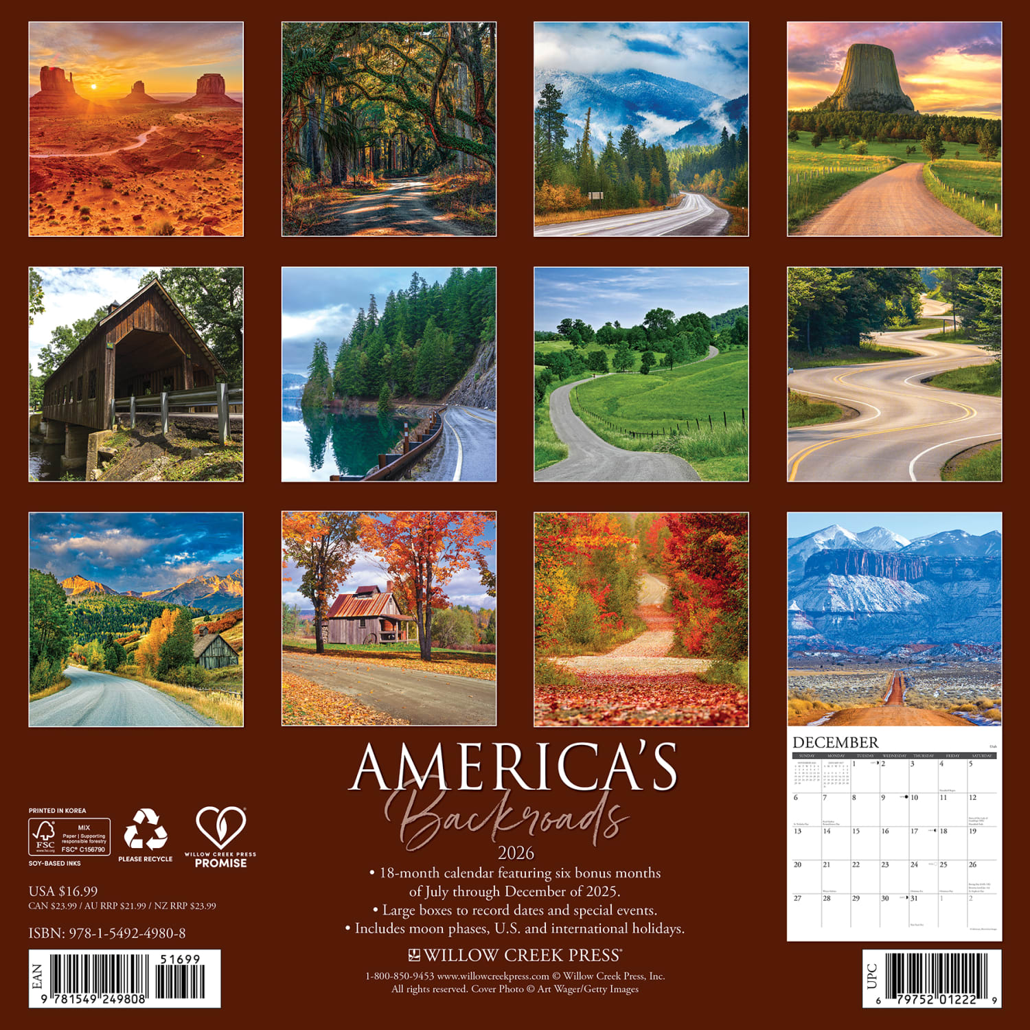 2026 Willow Creek Press Scenic Monthly Wall Calendar, 12in x 12in, Americas Backroads, January To December, 49808 - Image 6