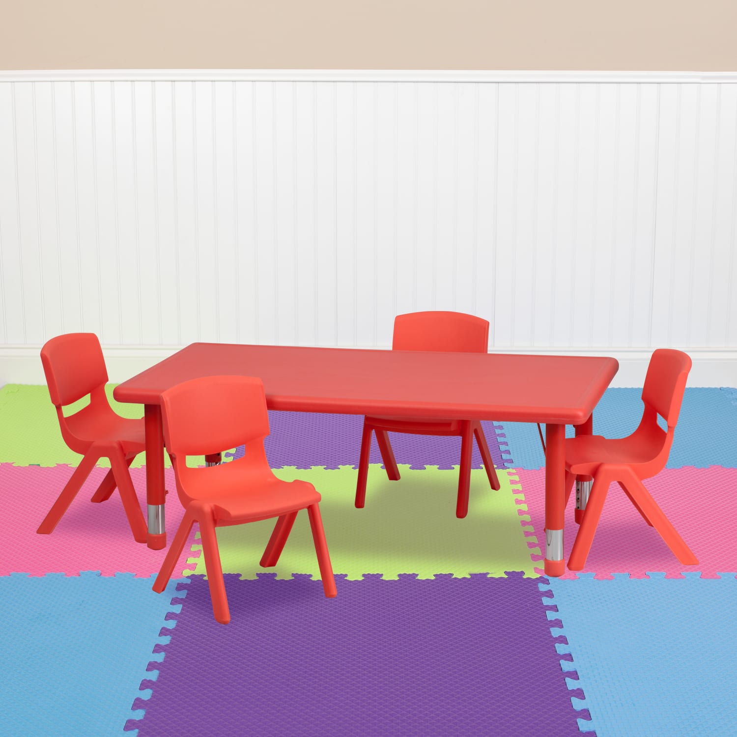 Flash Furniture Rectangular Plastic Height-Adjustable Activity Table With 4 Chairs, 23-3/4inH x 24inW x 48inD, Red