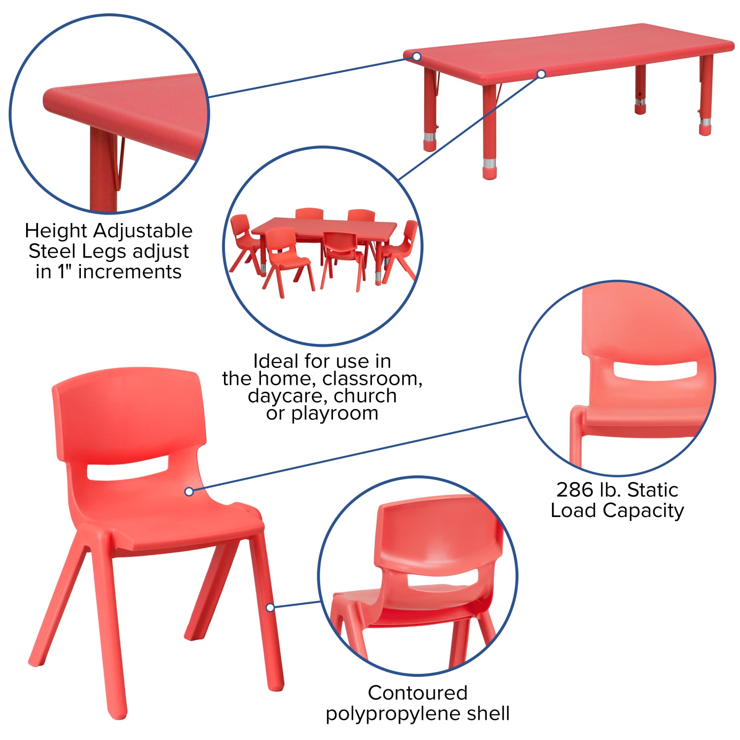 Flash Furniture Rectangular Plastic Height Adjustable Activity Table With 4 Chairs 23 34inH x 24inW x 48inD Red PopularChairscom