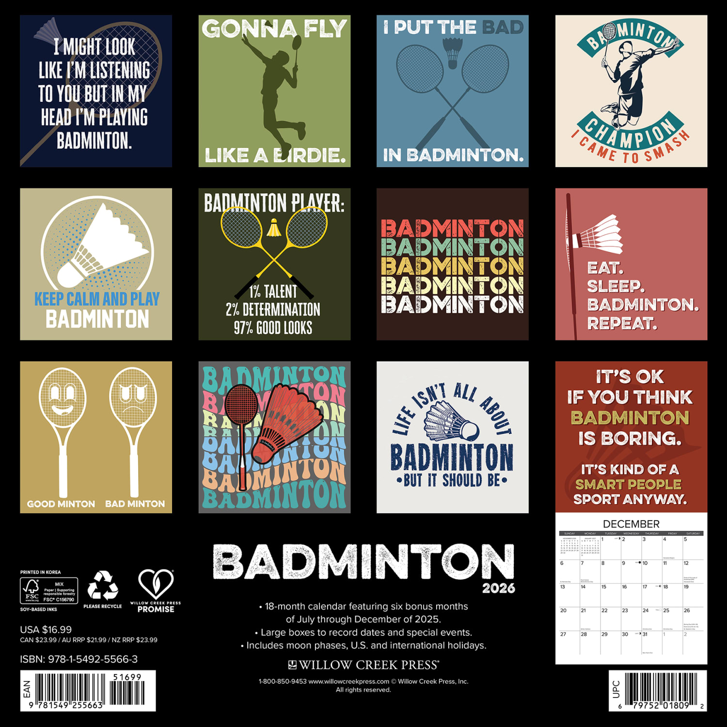 2026 Willow Creek Press Art & Design Monthly Wall Calendar, 12in x 12in, Badminton, January To December, 55663 - Image 6