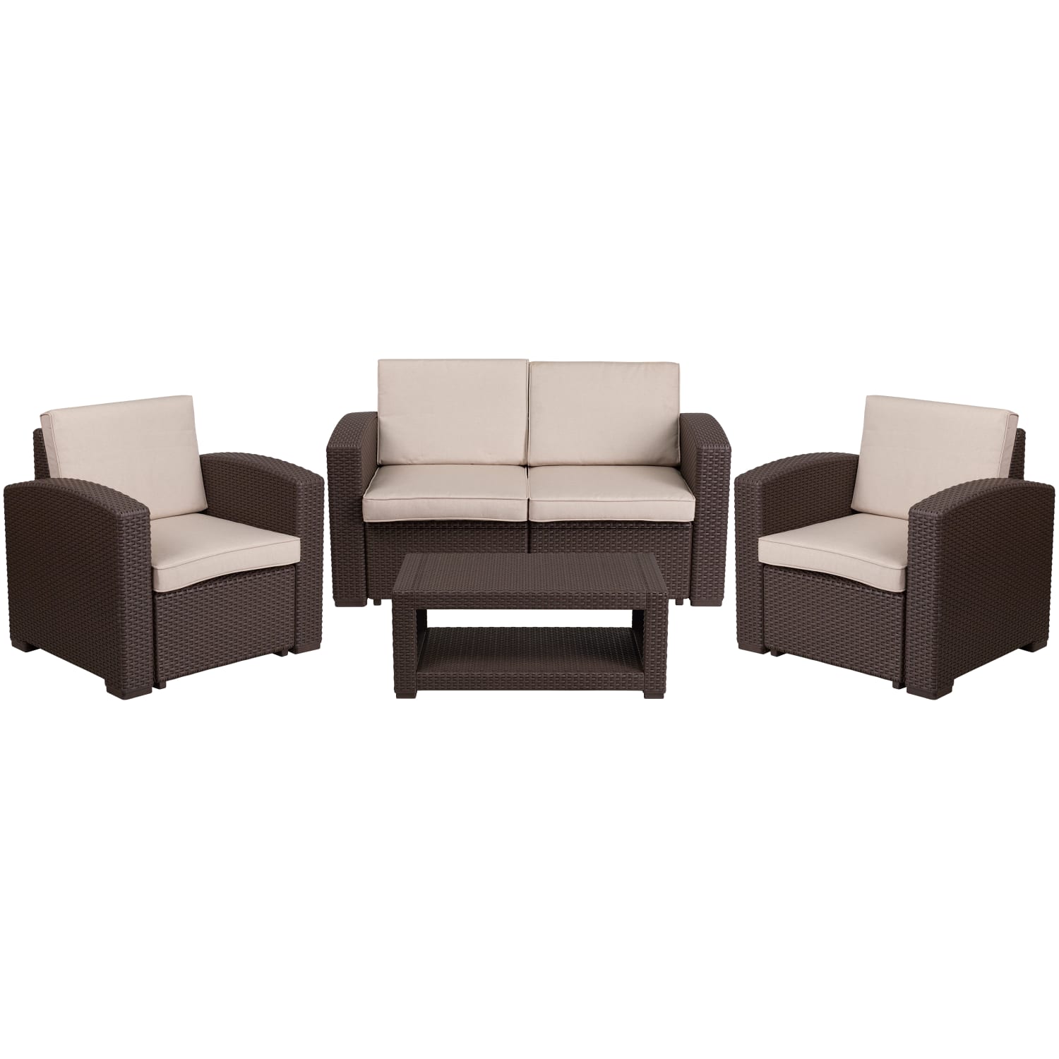 Flash Furniture 4-Piece Outdoor Faux-Rattan Loveseat, Chair and Table Set, Chocolate Brown - Image 3