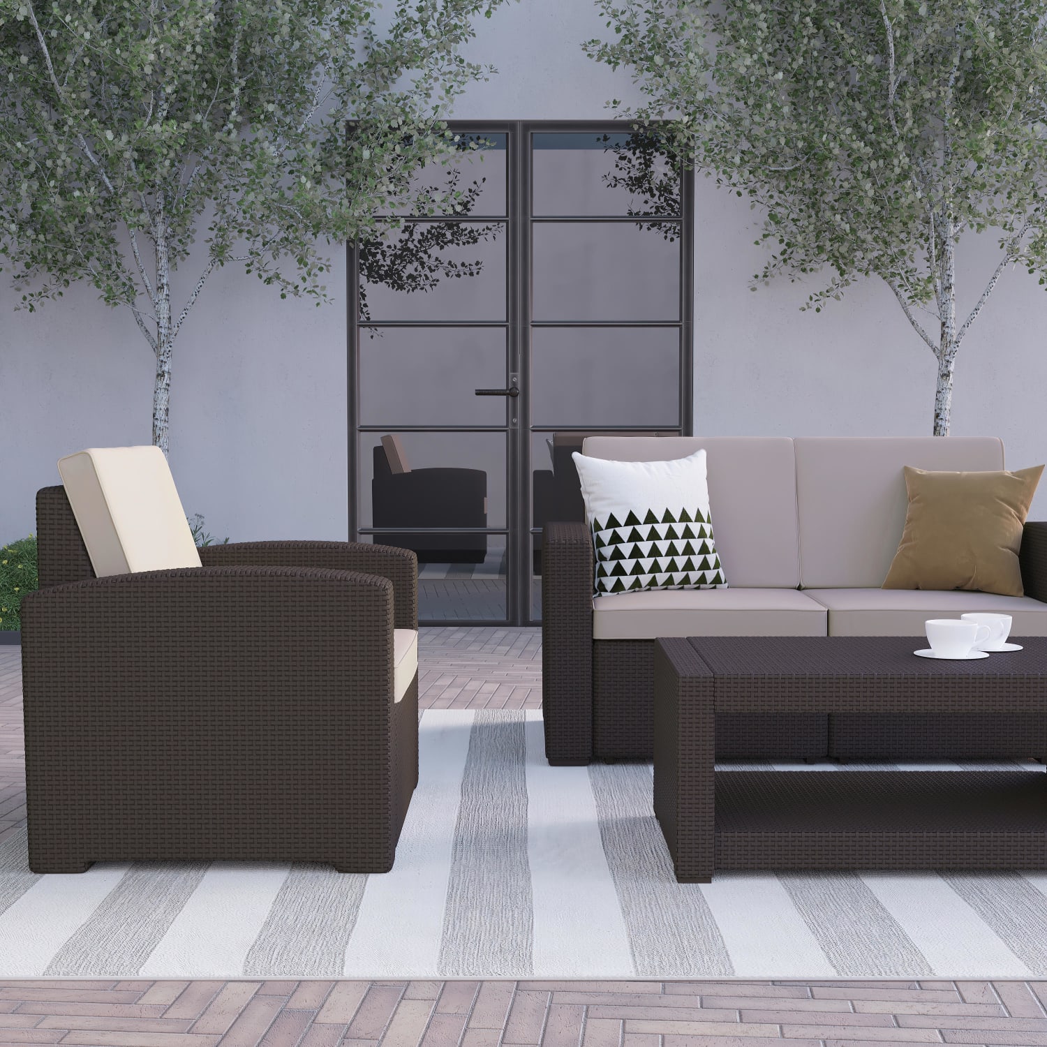 Flash Furniture 4-Piece Outdoor Faux-Rattan Loveseat, Chair and Table Set, Chocolate Brown - Image 5