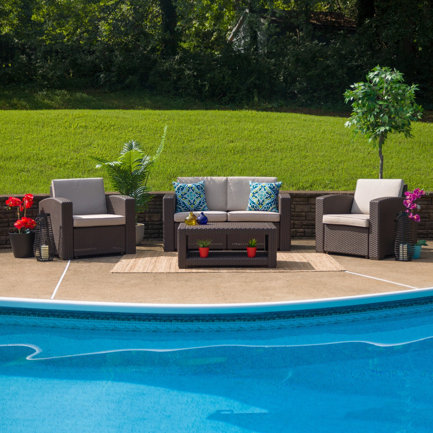 Flash Furniture 4-Piece Outdoor Faux-Rattan Loveseat, Chair and Table Set, Chocolate Brown - Image 6